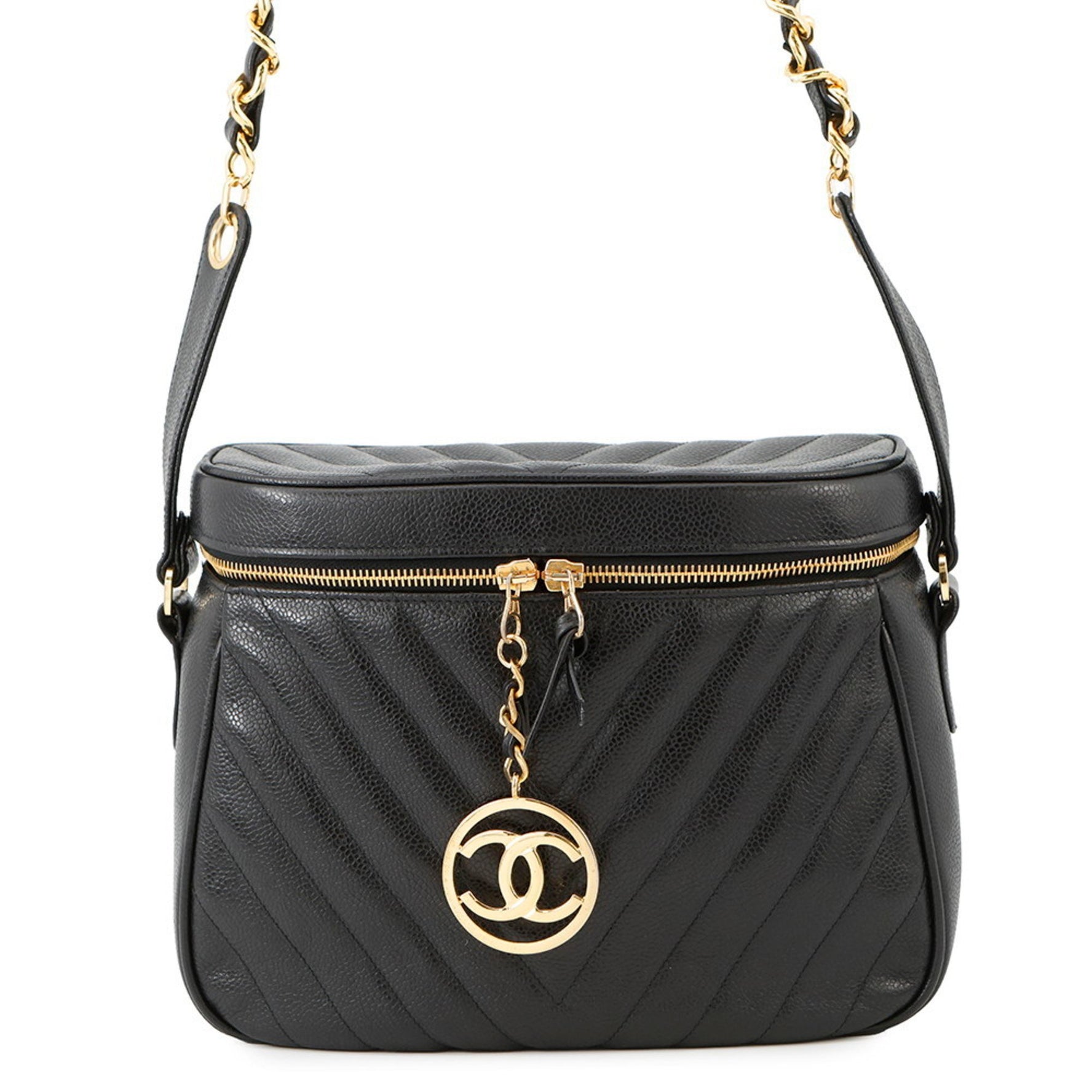 Chanel Chain Shoulder Bag, Chevron Coco Mark Vanity Caviar Skin, V-Stitch
