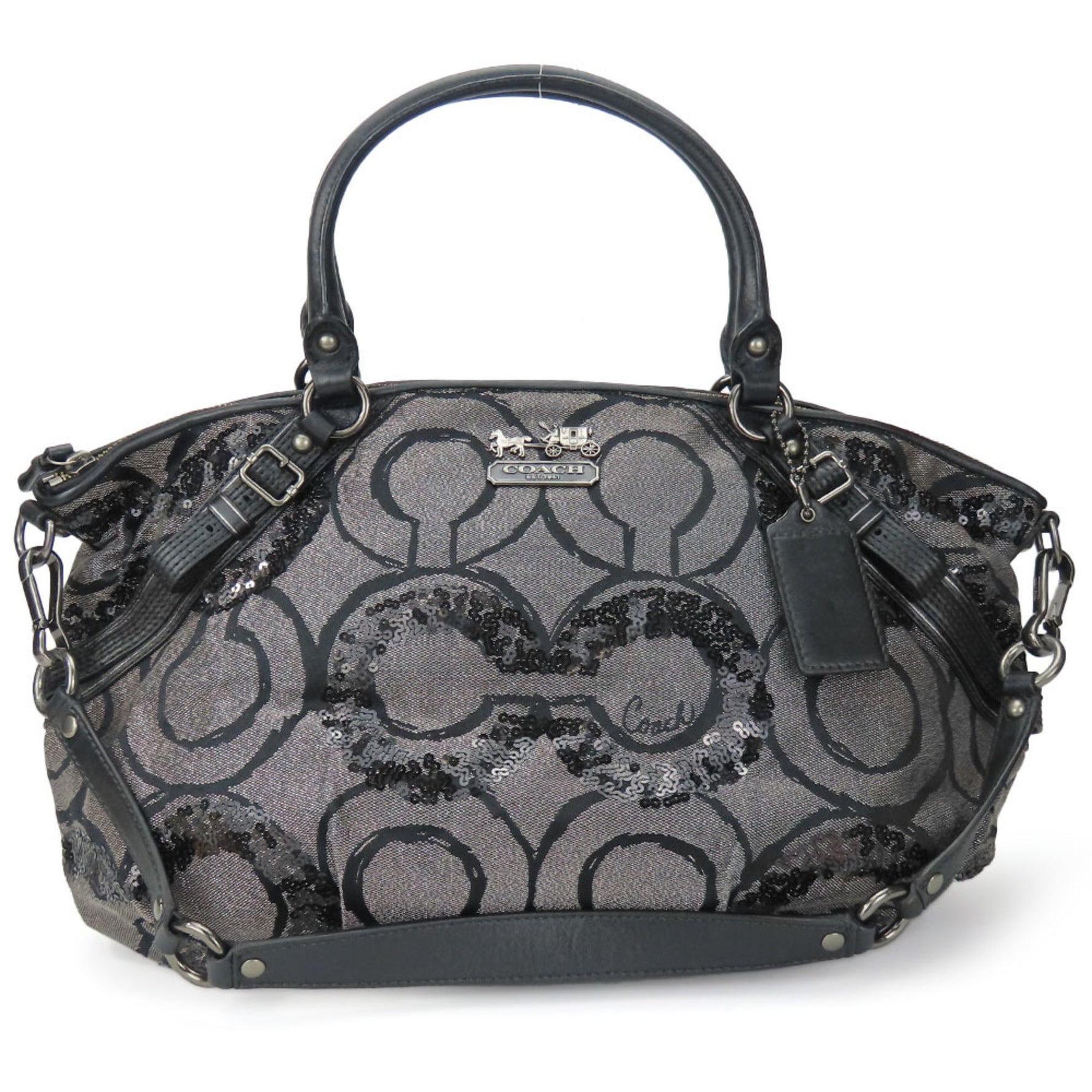 Coach Handbag Op Art Madison Canvas Leather Sequins Black Silver Shoulder Hardware