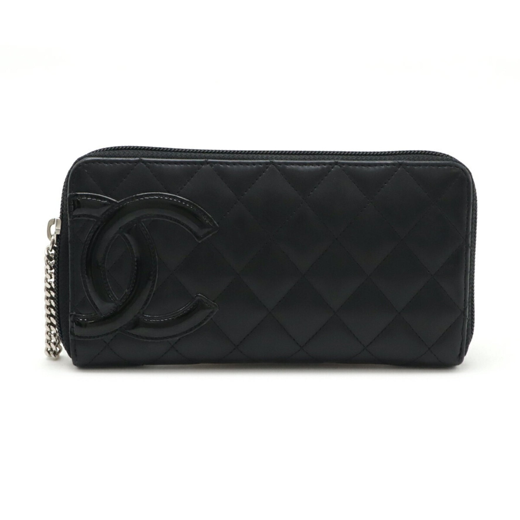 CHANEL Cambon Line Coco Mark Round Long Wallet Soft Calf Leather Enamel Black Pink