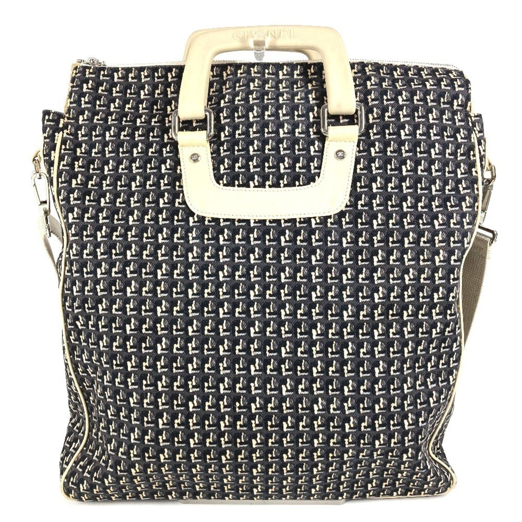 CHANEL Clover Logo Handbag/Vertical Tote/Shoulder Bag in Leather/Canvas, Black