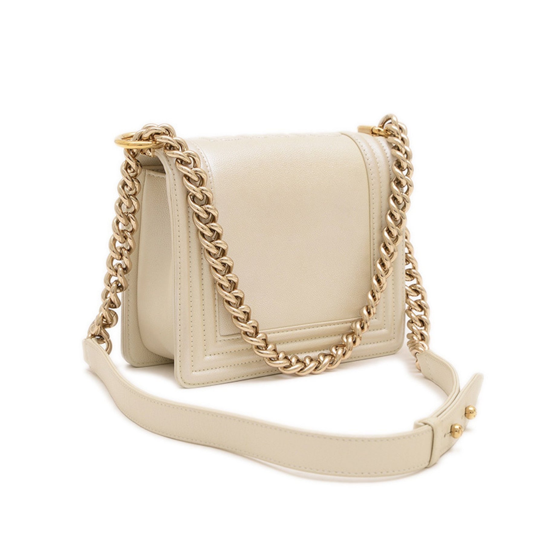 Chanel Boy Chain Shoulder Bag Calf Pearl White Gold Hardware AS3018 BP