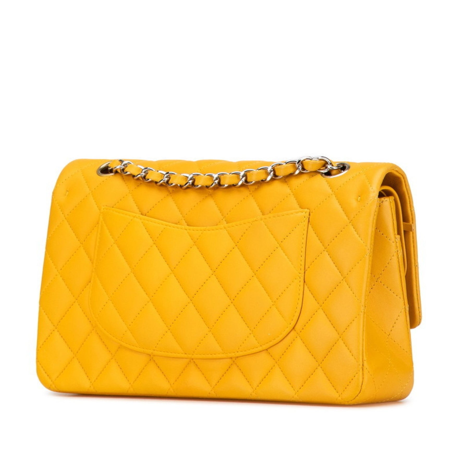 CHANEL Matelasse Coco Mark Double Flap Chain Shoulder Bag in Yellow and Silver Lambskin