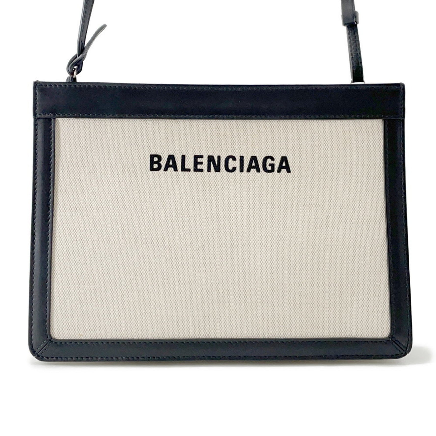 Balenciaga Shoulder Bag Navy Pochette Canvas Leather Black
