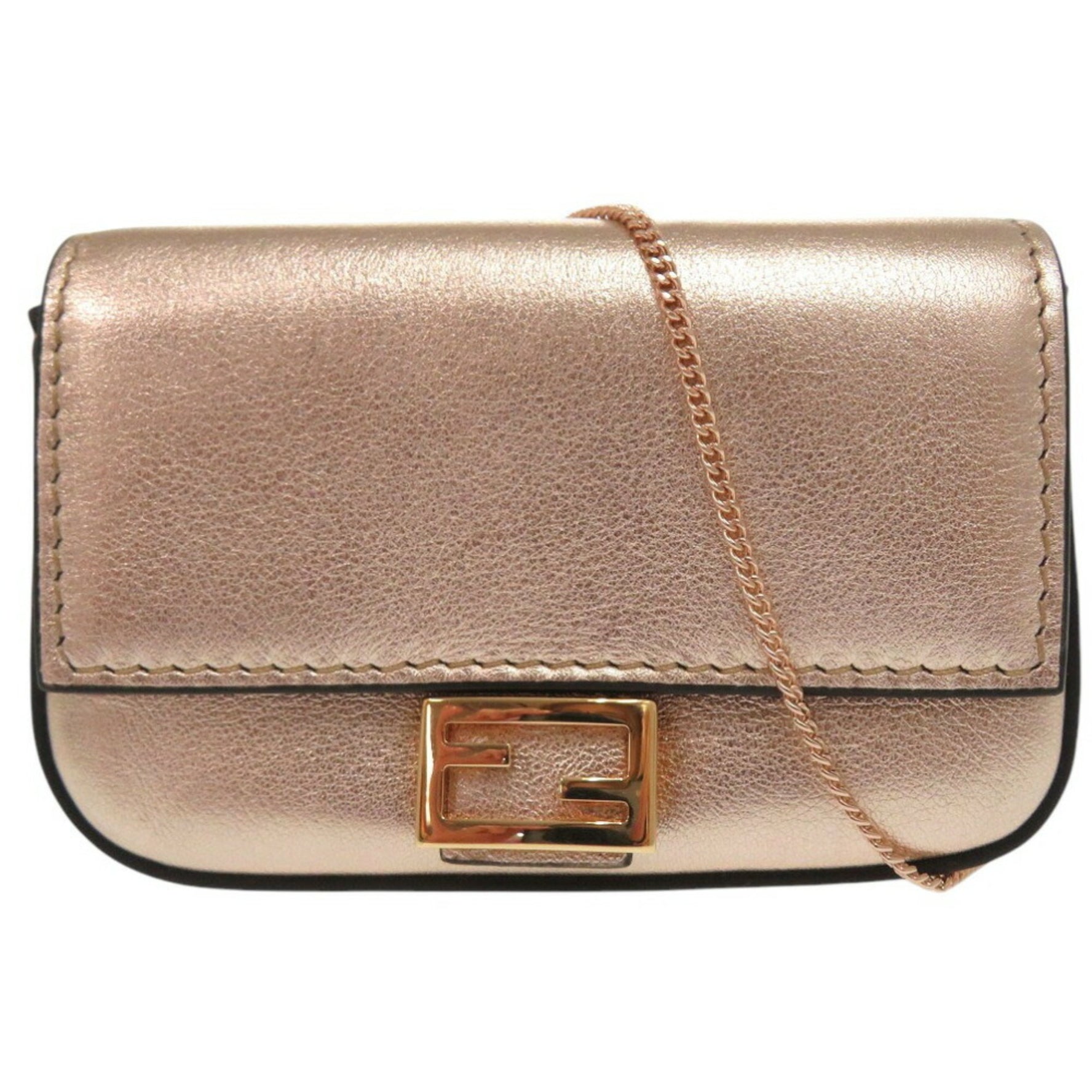 Fendi Nano Baguette Charm Chain Shoulder Pouch Mini Pochette Metallic Leather Pink Gold