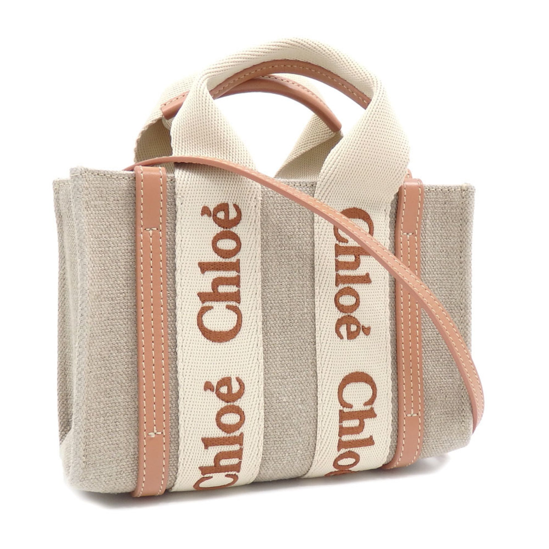 Chloé Woody Mini Tote Bag in Linen and Leather, Wooden Canvas with Shiny Calfskin, Handbag, Shoulder Bag