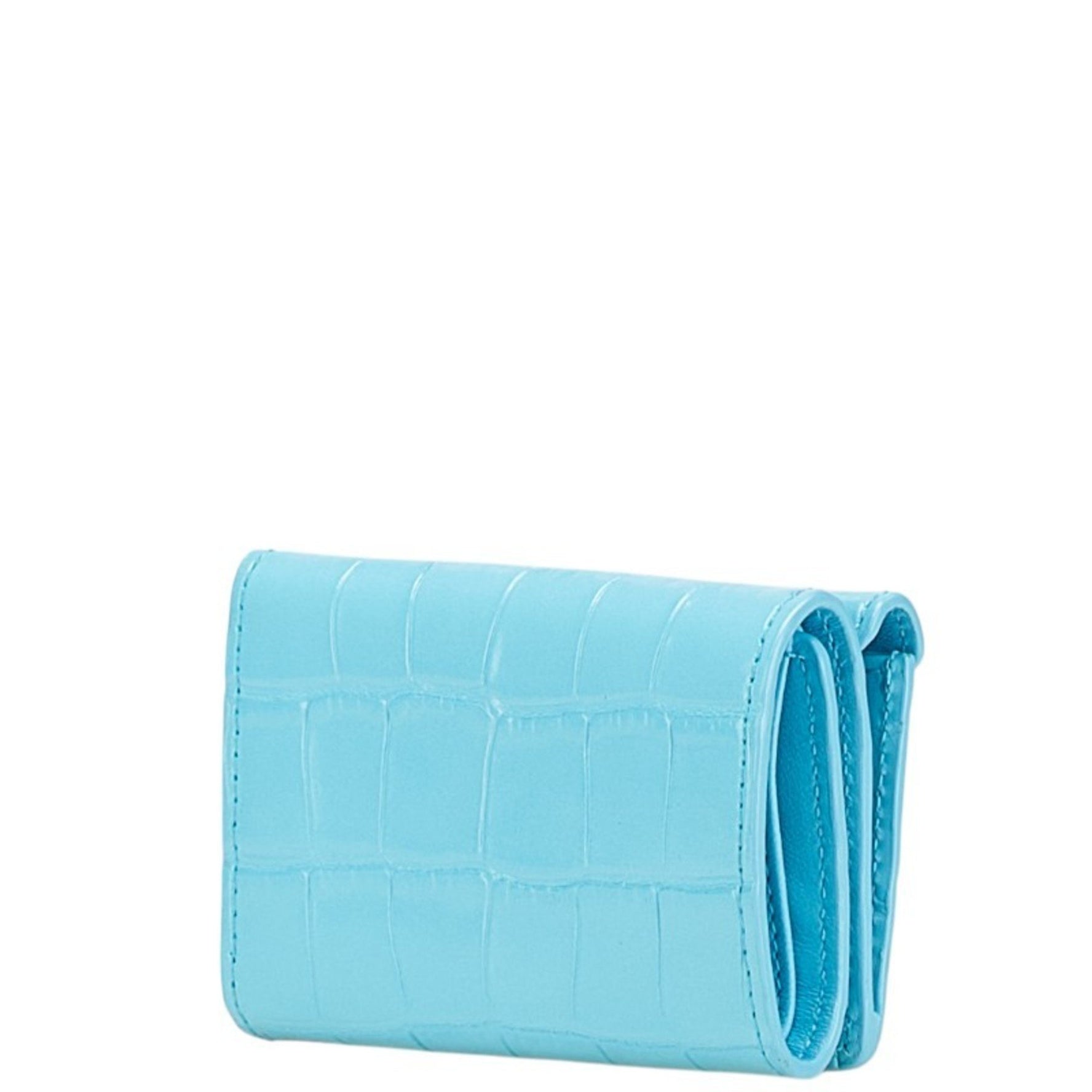 Balenciaga Paper Mini Wallet, Crocodile Embossed Tri-fold Compact Light Blue Leather