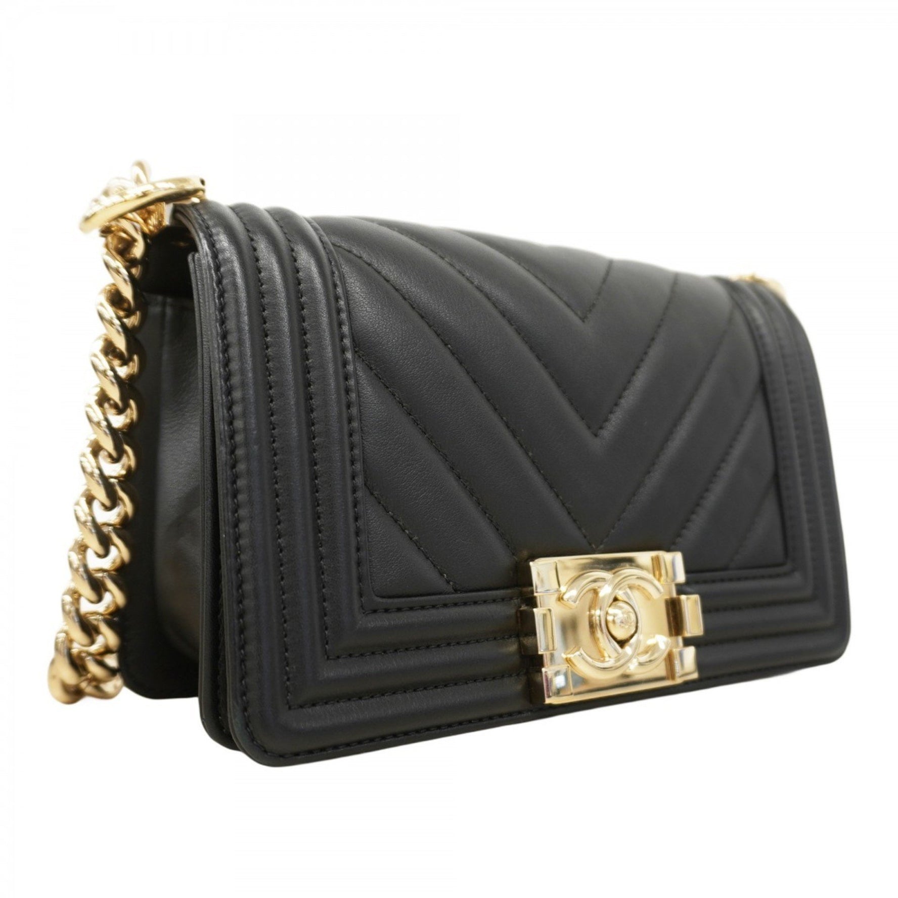 Chanel Shoulder Bag Boy Chain Lambskin Black Champagne Women's