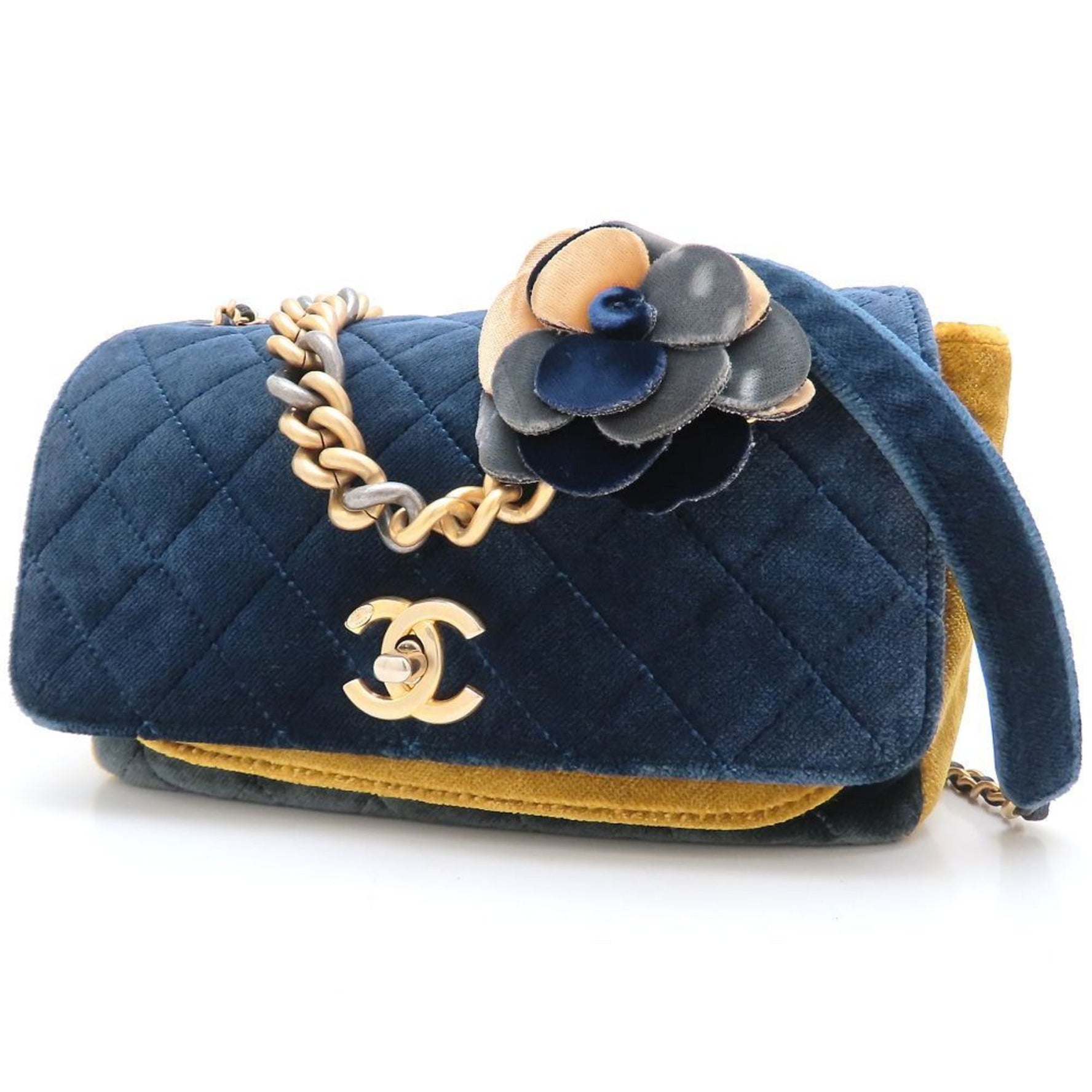 CHANEL Camellia Flower Chain Shoulder Bag 2018 Paris-Cosmopolite Velvet Navy Mustard