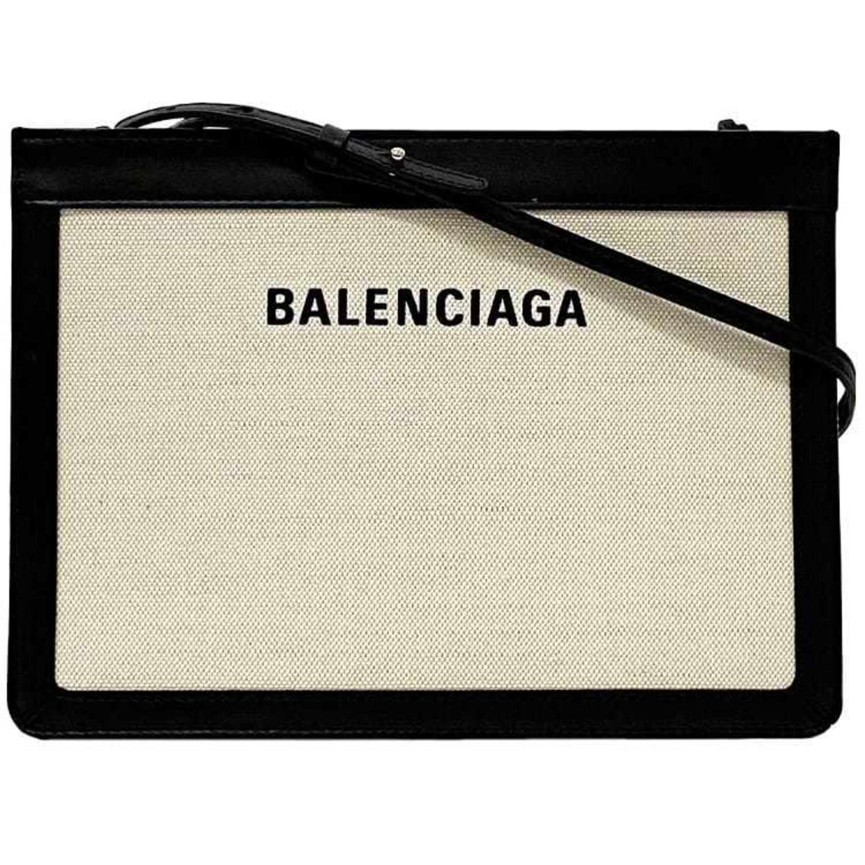 Balenciaga Shoulder Bag Navy Pochette f-21650 Natural White Black Canvas Leather 1080 Y BALENCIAGA Crossbody Freestanding Square