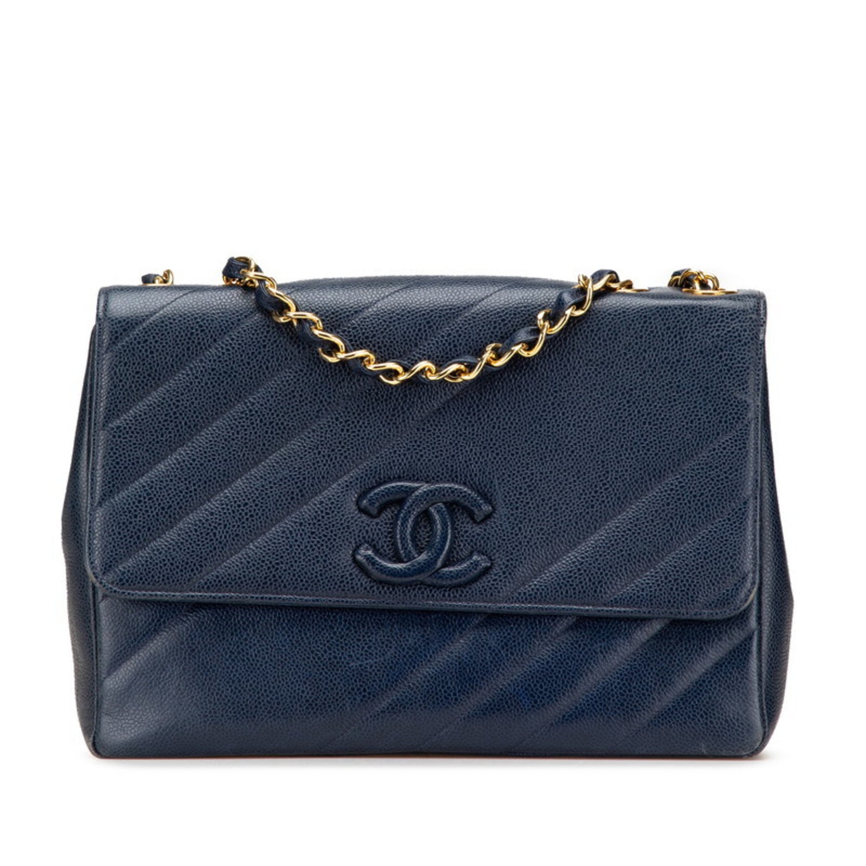 Chanel Coco Mark bias stitch chain shoulder bag in caviar leather with gold hardware.