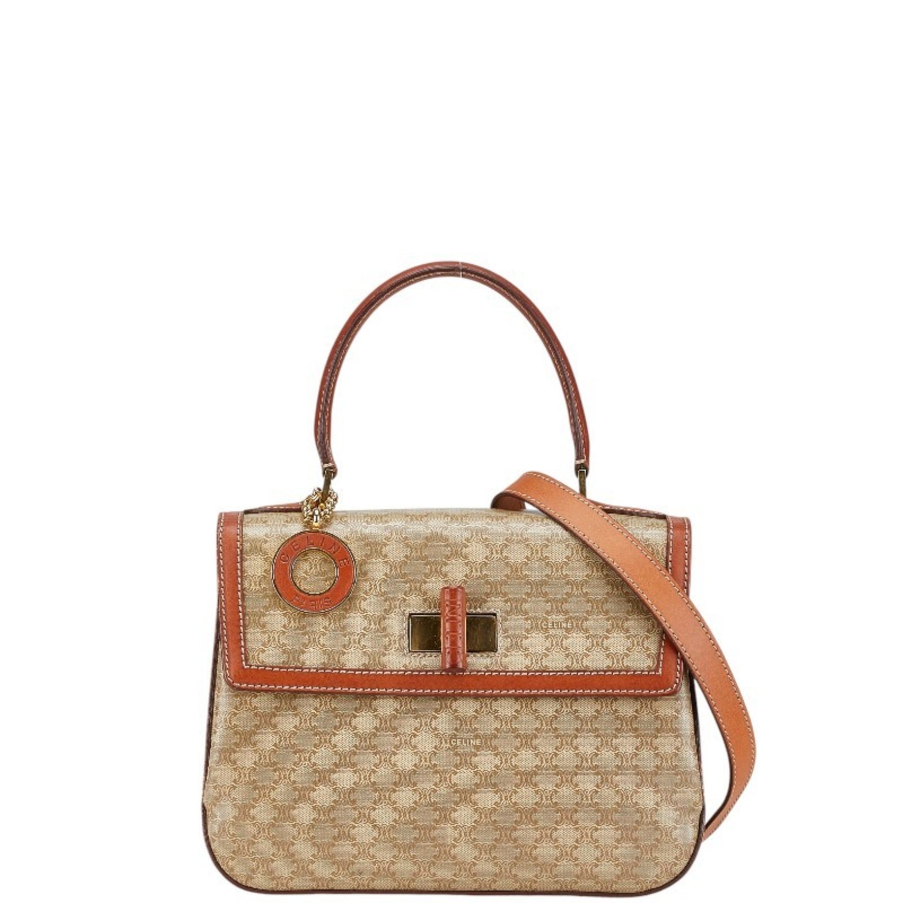 Celine Macadam Handbag/Shoulder Bag, Beige, Brown, PVC, Leather
