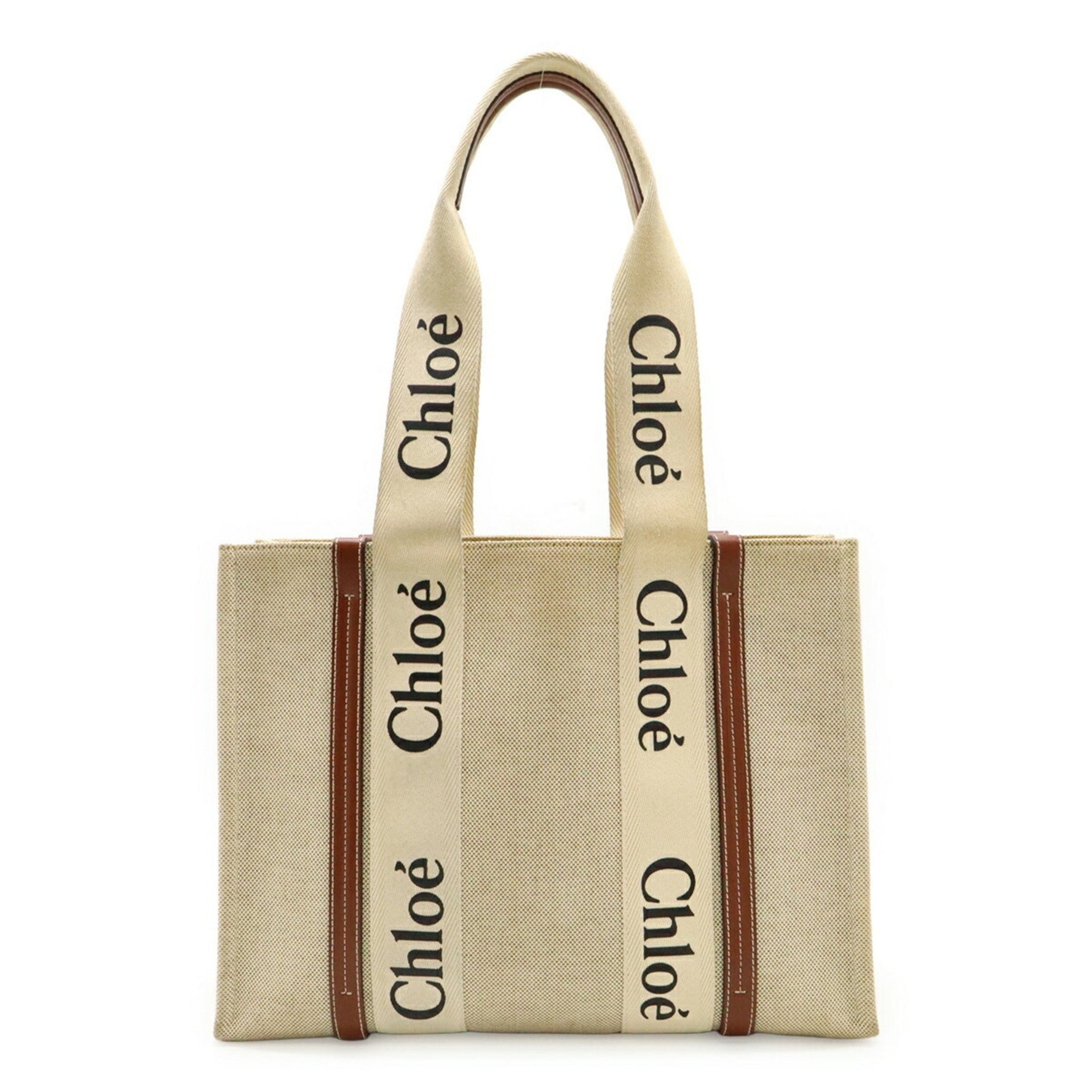 Chloé Chloe Woody Medium Tote Shoulder Bag in Linen Canvas and Leather, Natural