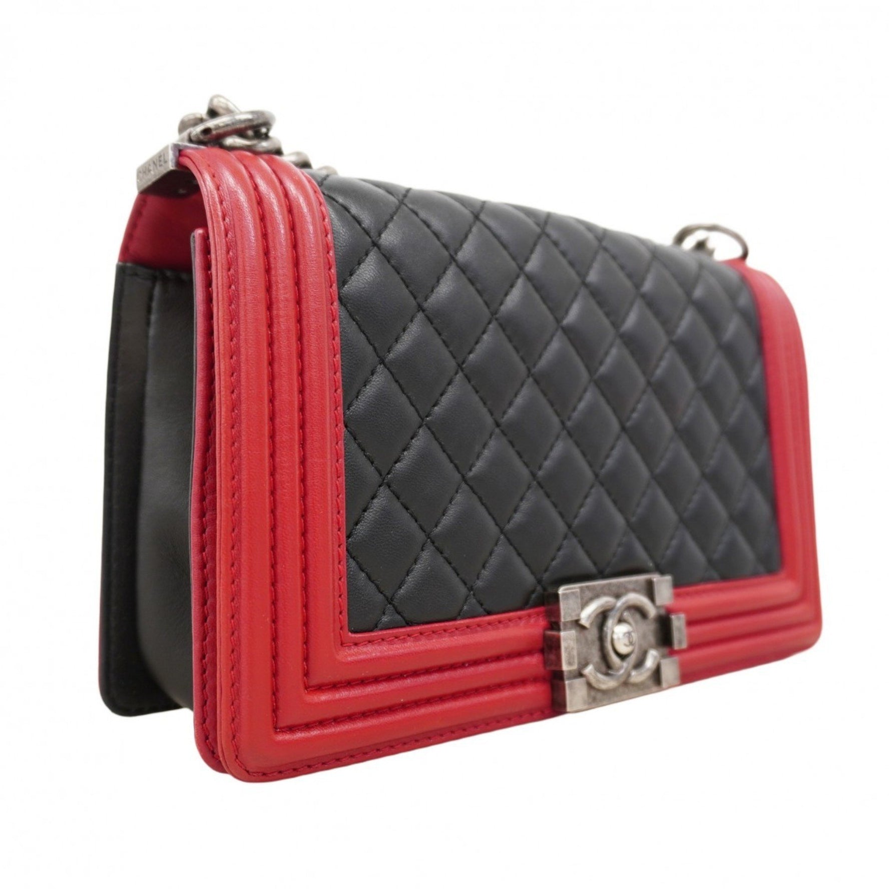 Chanel Shoulder Bag Boy Chain Lambskin Black Red
