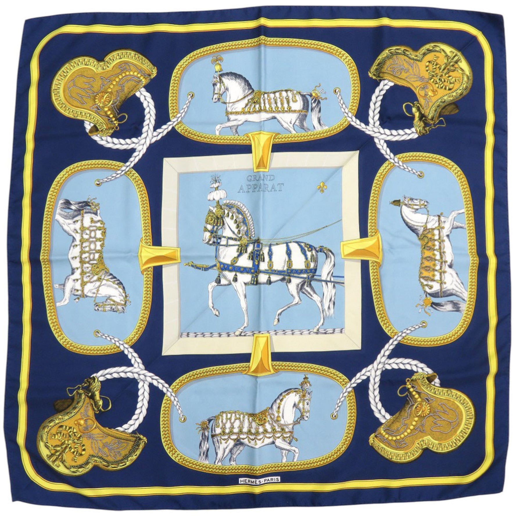 Hermès Carré 90 Grand Apparel, Horse in Full Dress, Silk Scarf/Muffler Navy, Light Blue, Gold, and Multicolor, 0140, HERMES