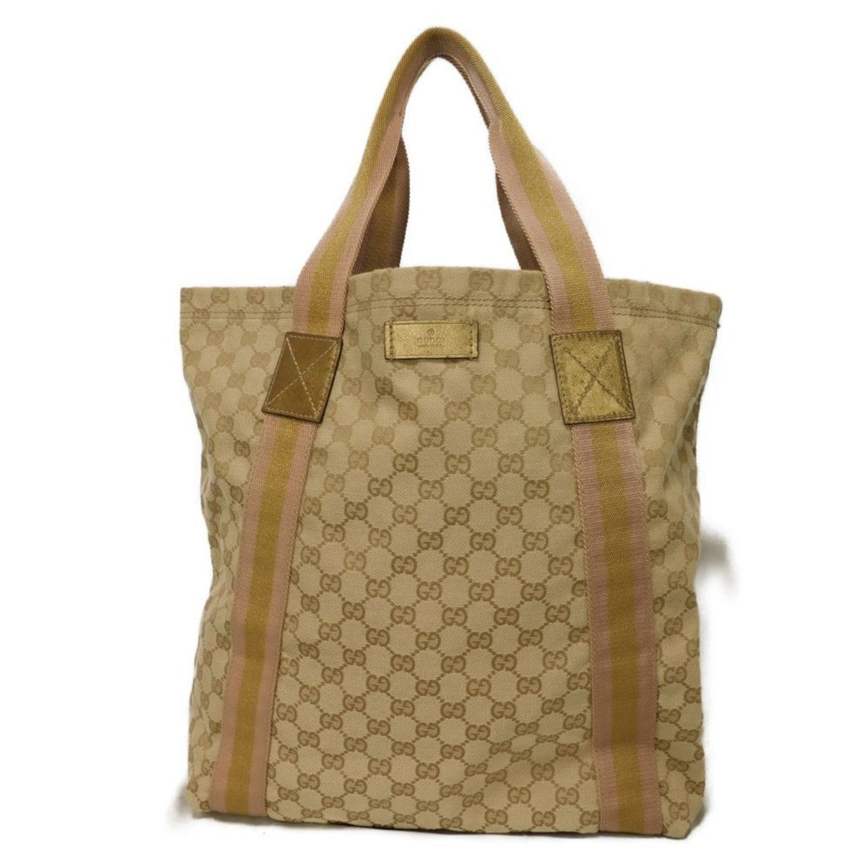 Gucci Tote Bag, GG Canvas, Cotton Calfskin, Light Pink, Gold Embossed