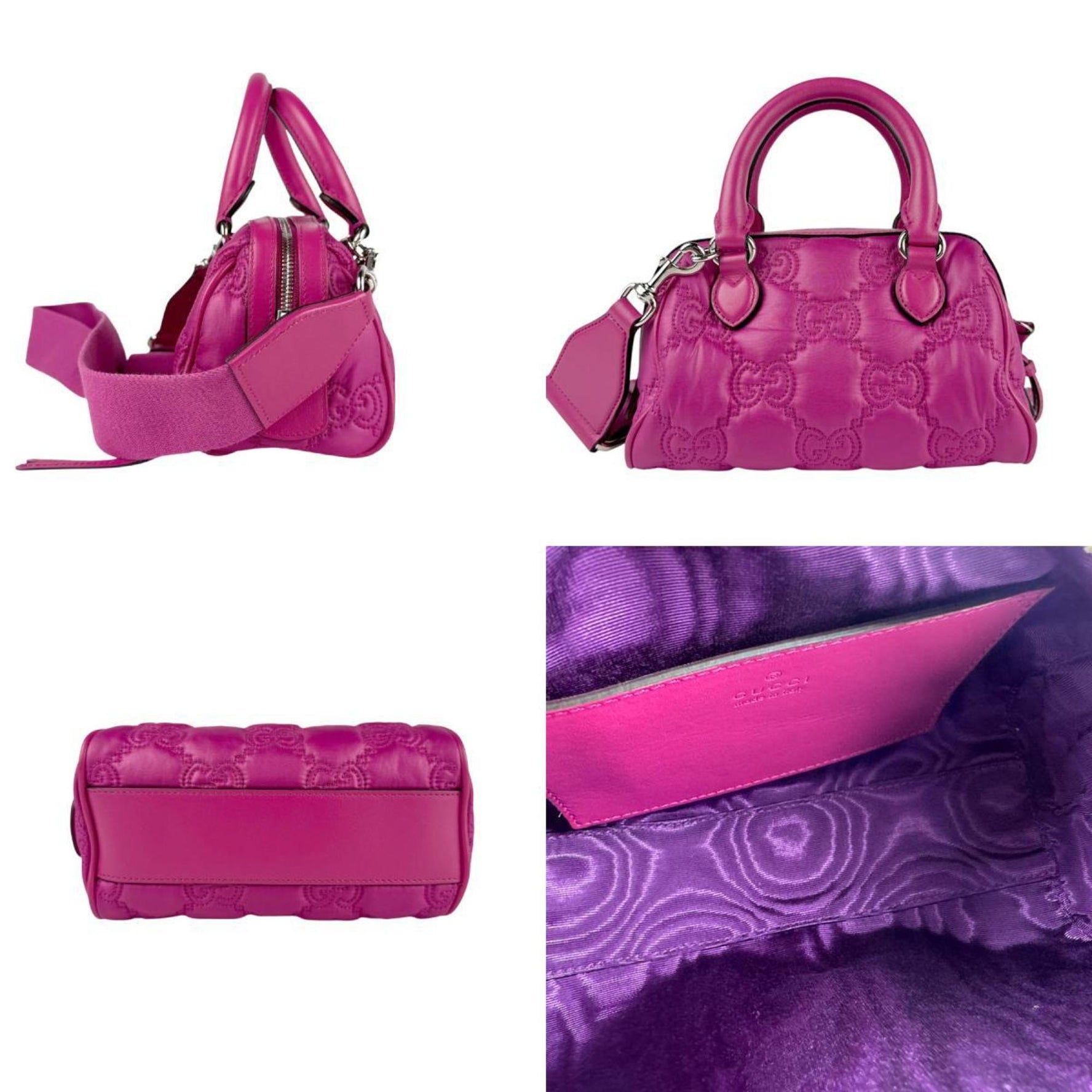 Gucci GG Matelasse Handbag/Shoulder Bag, Nylon, Leather, Magenta, Silver