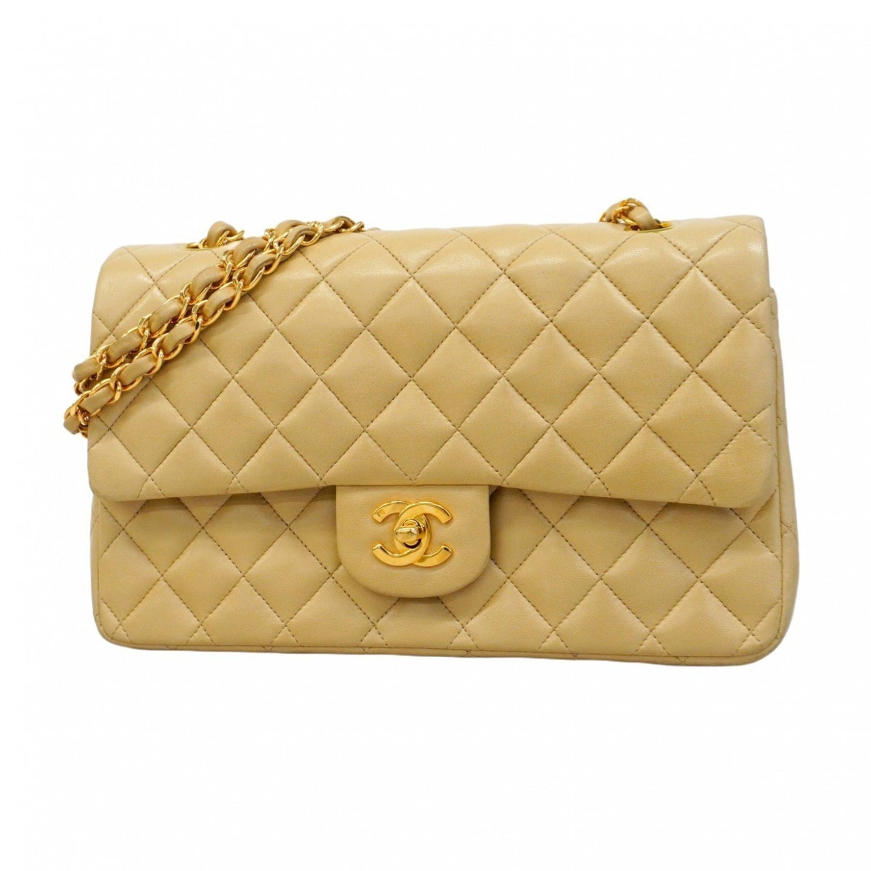 Chanel Matelasse Shoulder Bag with Double Flap and Chain, Lambskin, Beige, Women's