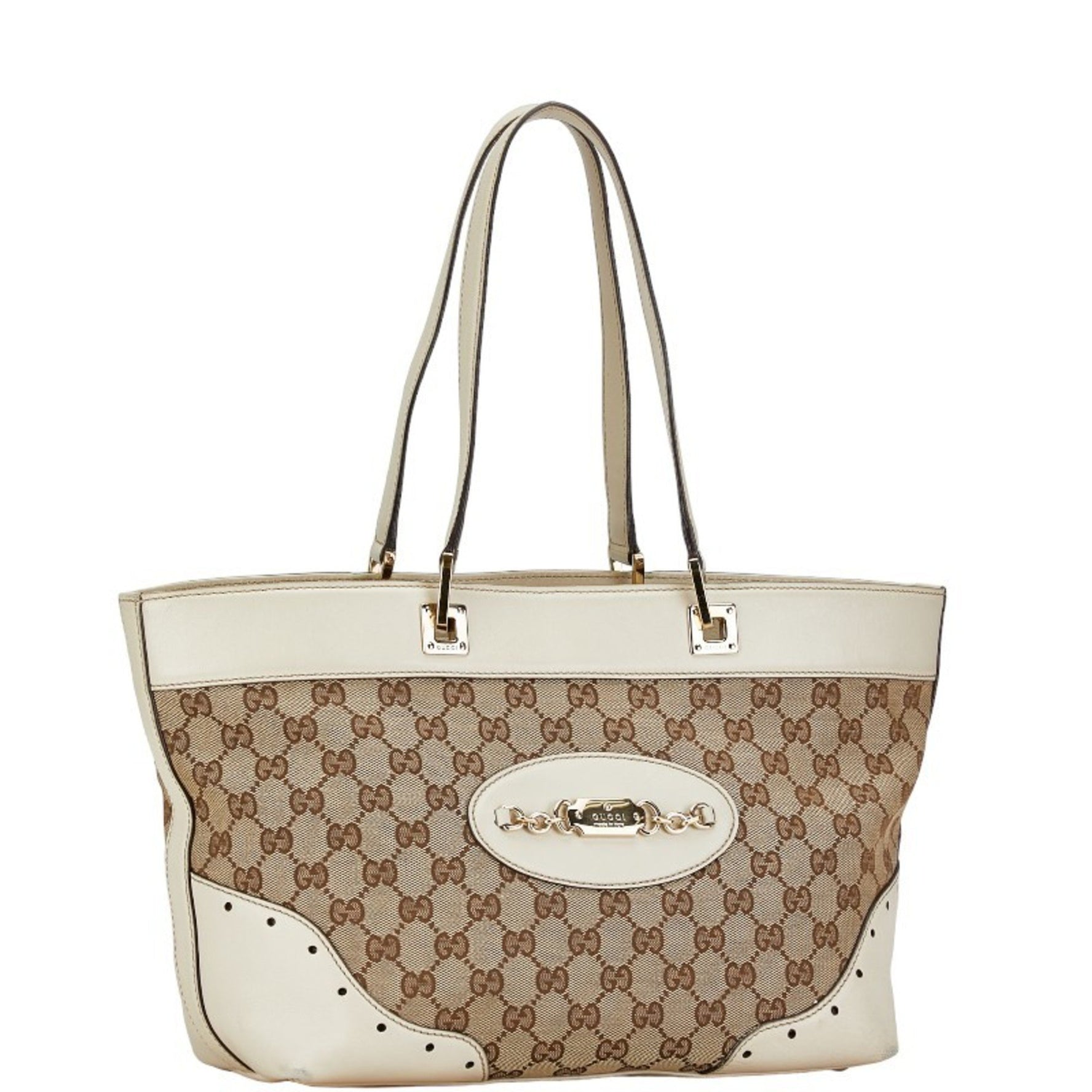 Gucci GG Canvas Handbag Tote Bag Beige White Leather Women's GUCCI