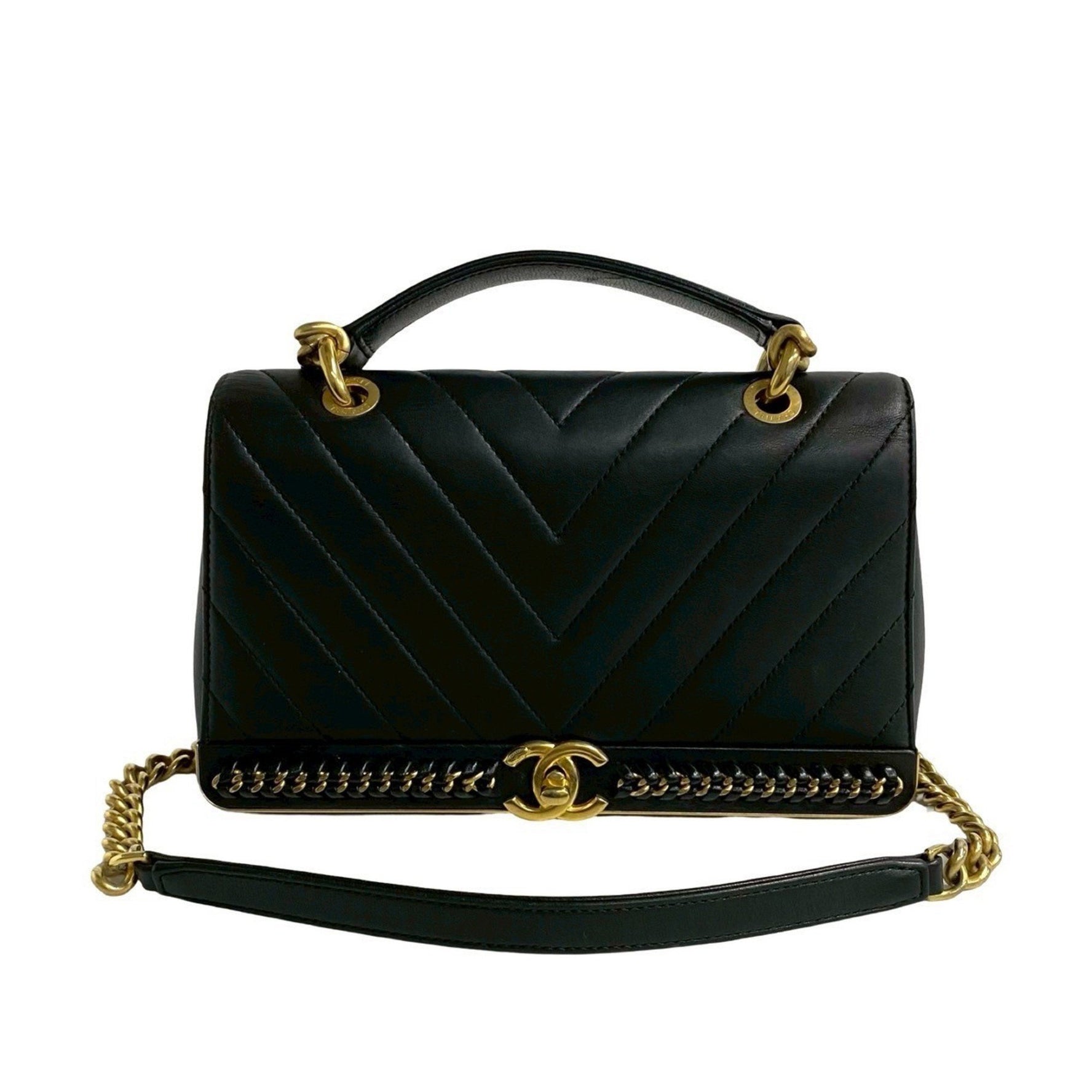 CHANEL V-Stitch Leather Genuine Handbag/Chain Shoulder Bag