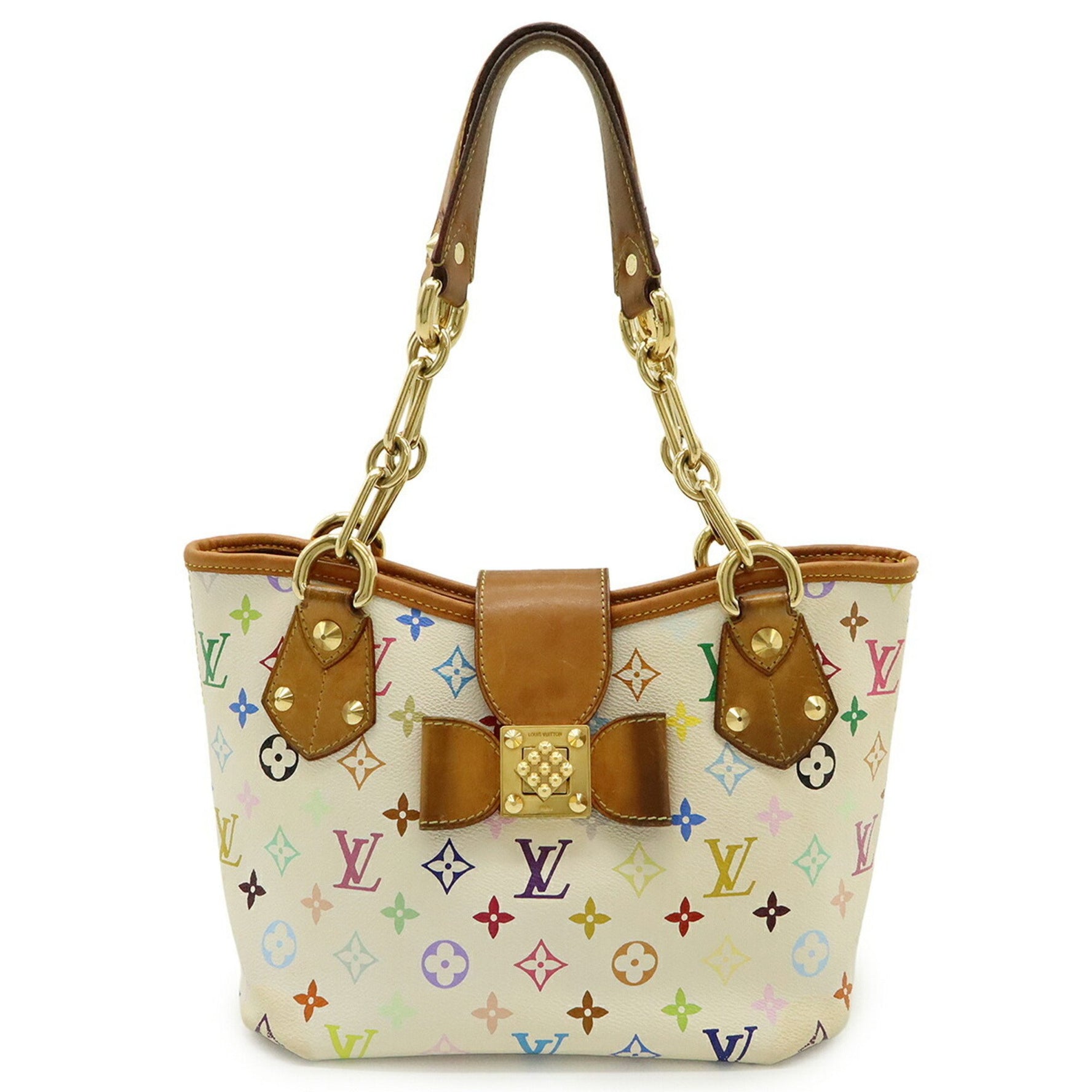 LOUIS VUITTON Monogram Multicolore Annie MM Tote Bag Shoulder Chain Ribbon Blanc White