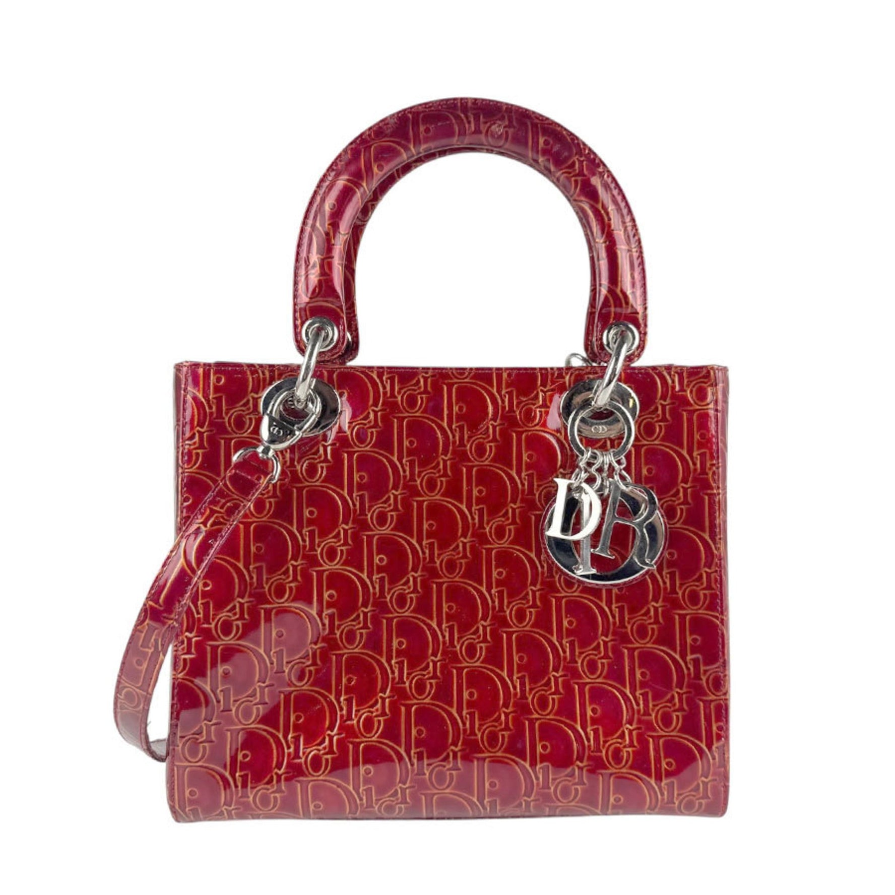 Christian Dior Lady handbag/shoulder bag in patent leather, red and silver, women's
