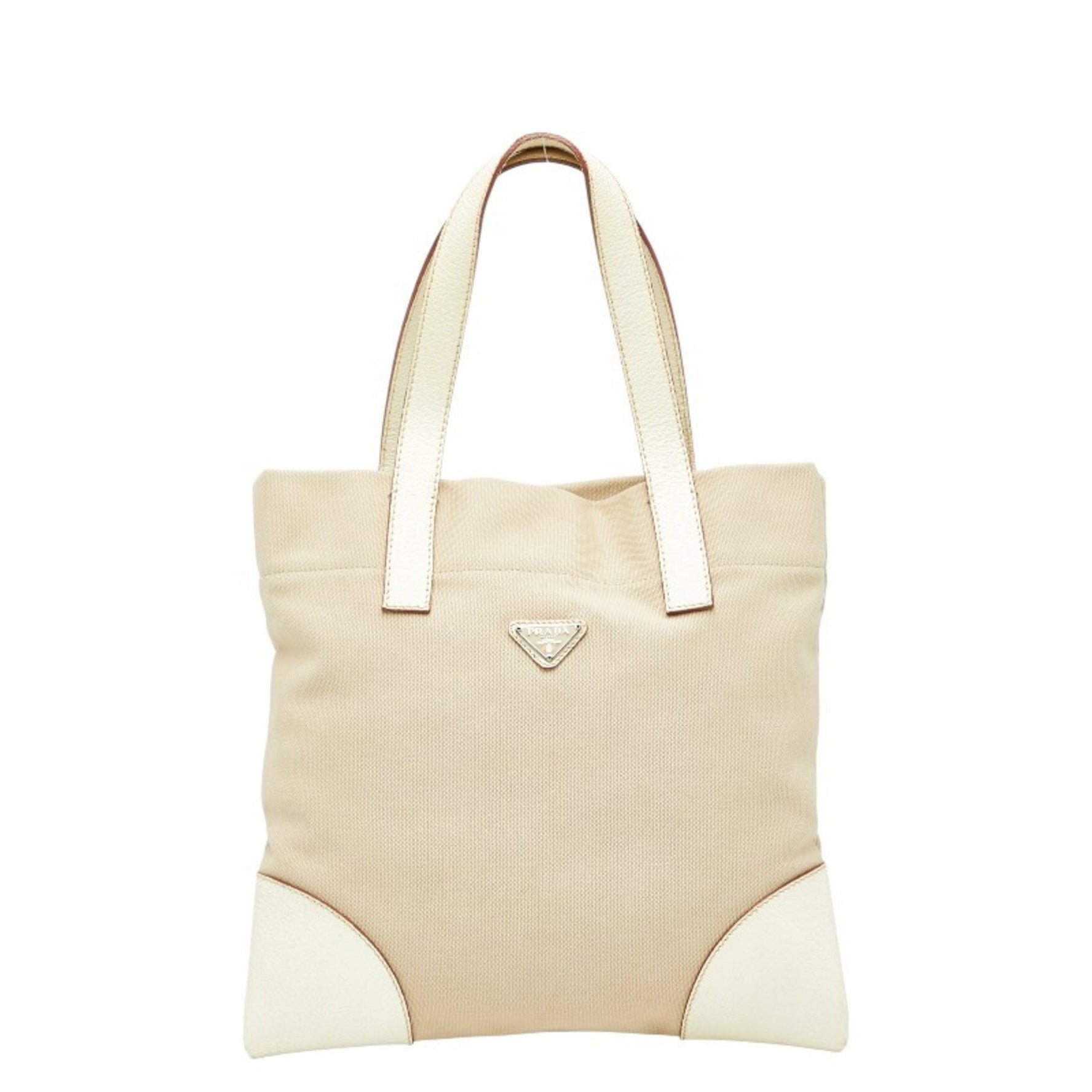 Prada Triangle Logo Plate Tote Bag Handbag Beige Ivory Canvas Leather