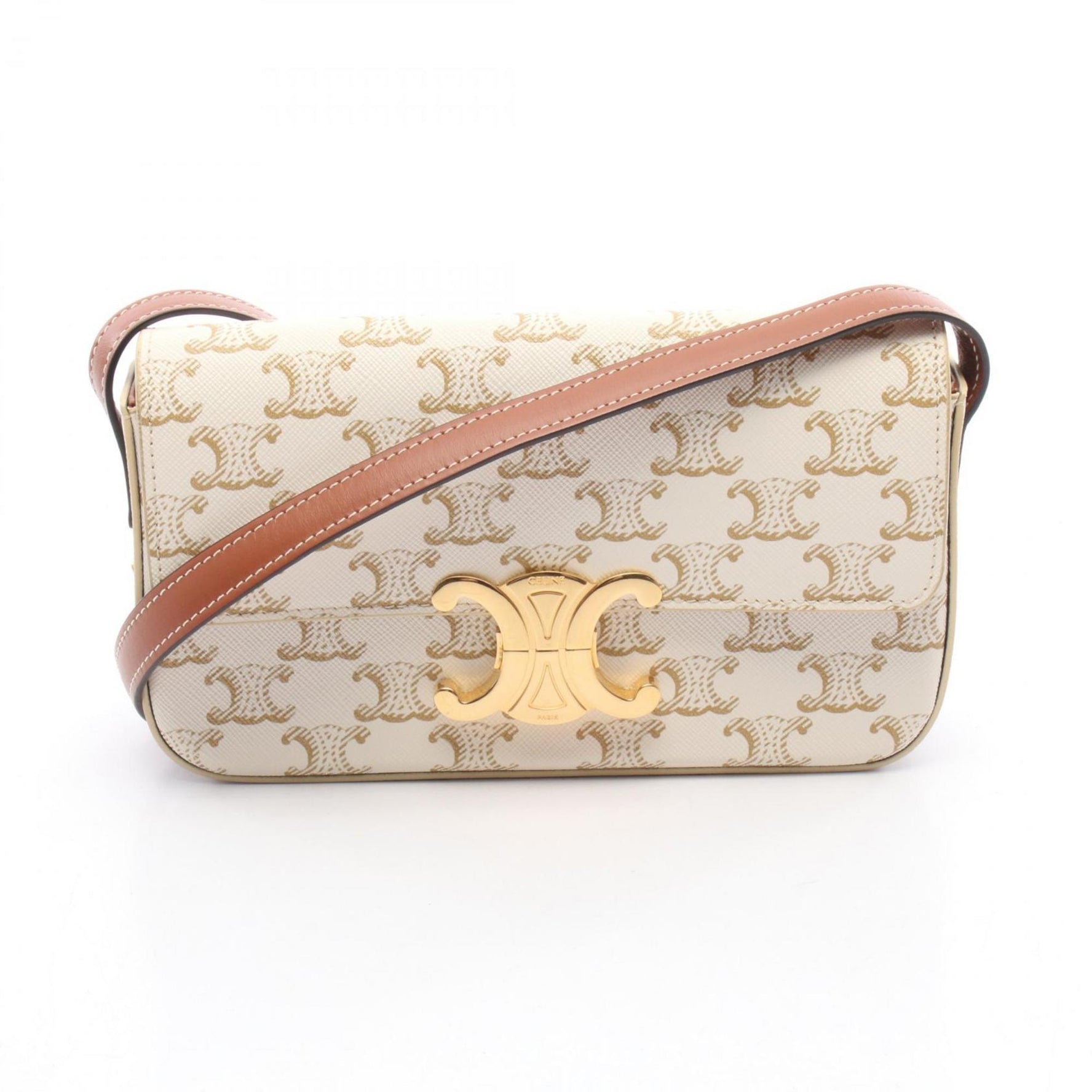 CELINE Claude Triomphe Shoulder Bag Coated Canvas Leather White Brown