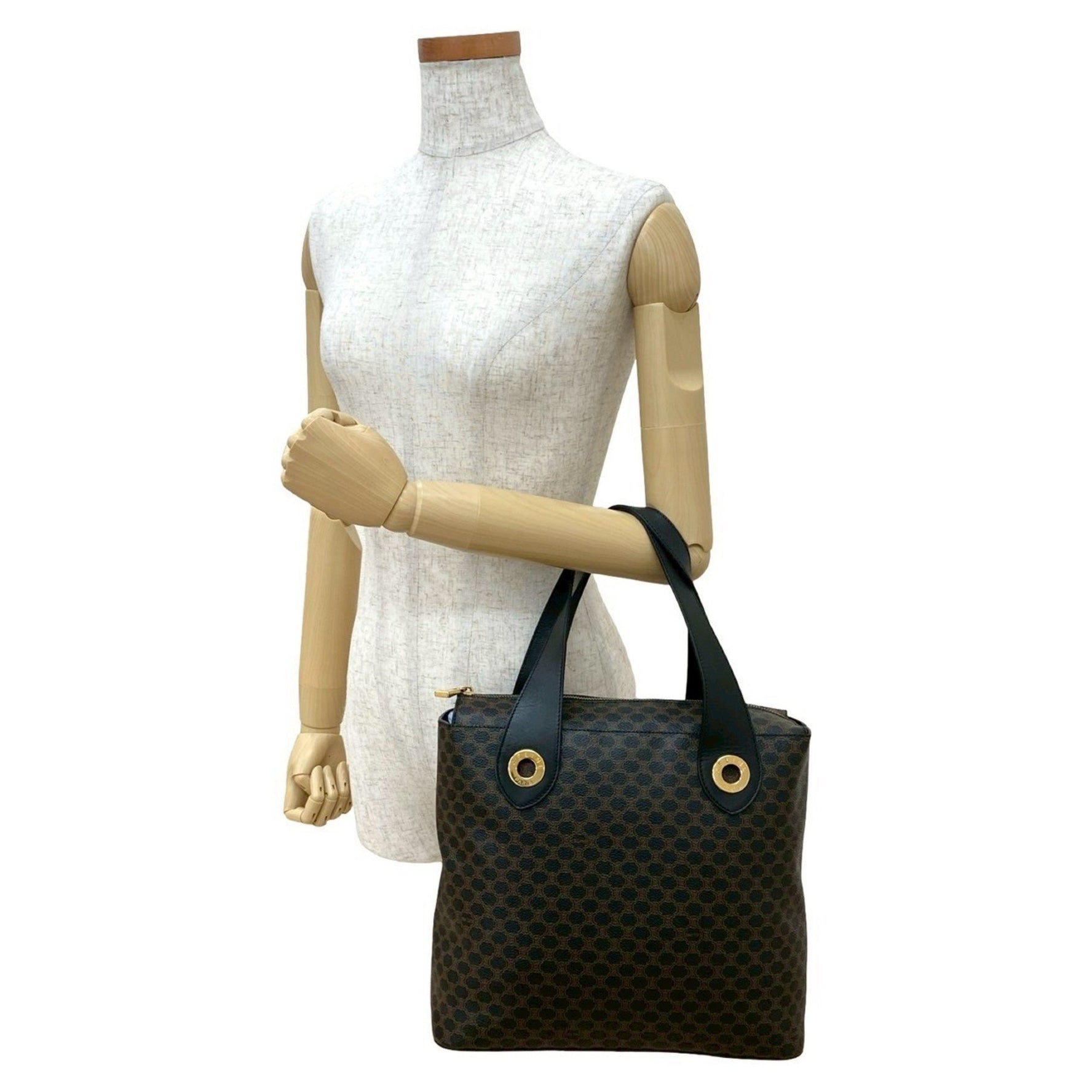 CELINE Macadam pattern circle logo hardware leather handbag tote bag black brown