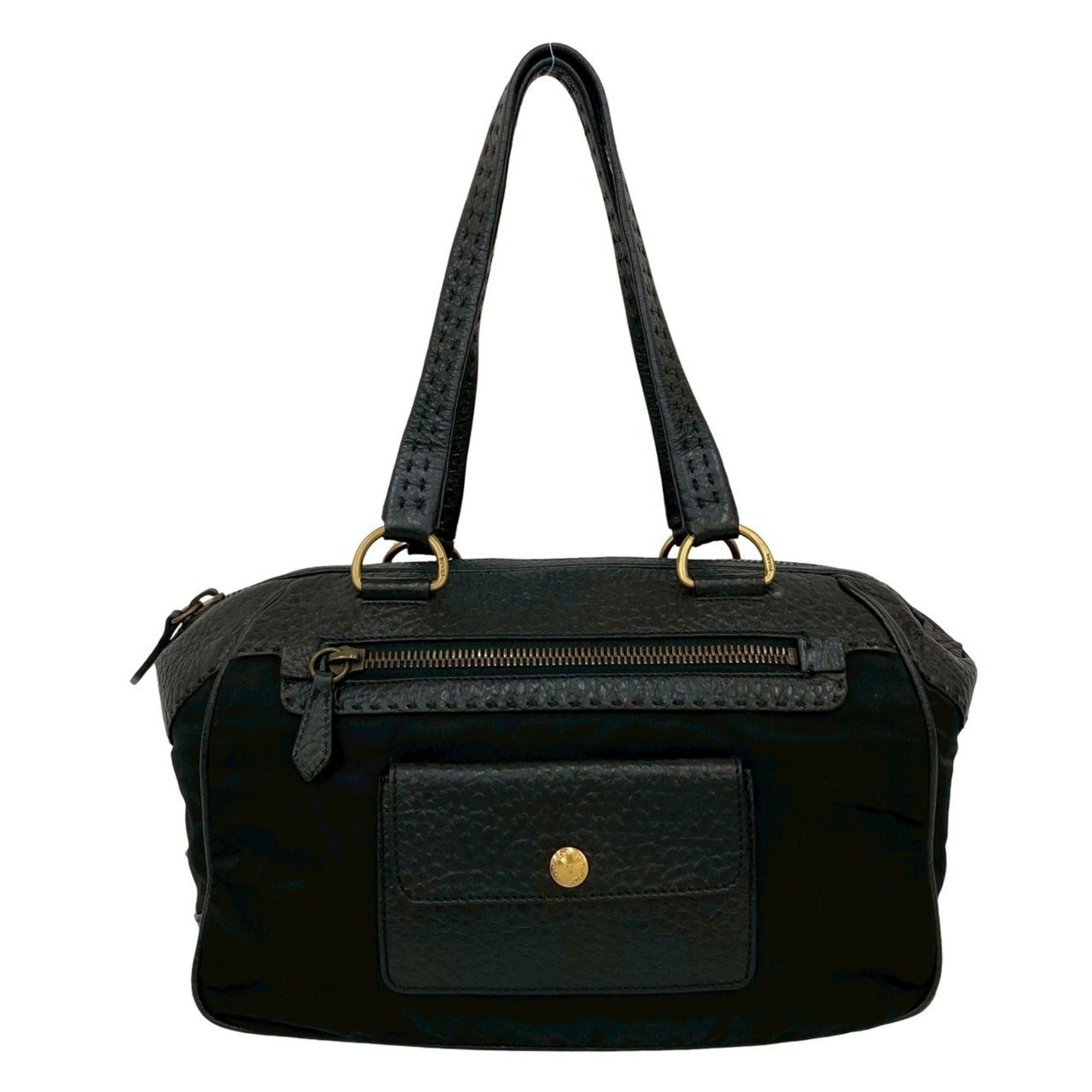PRADA Triangle Logo Gold Hardware Nylon Leather Handbag Mini Boston Bag