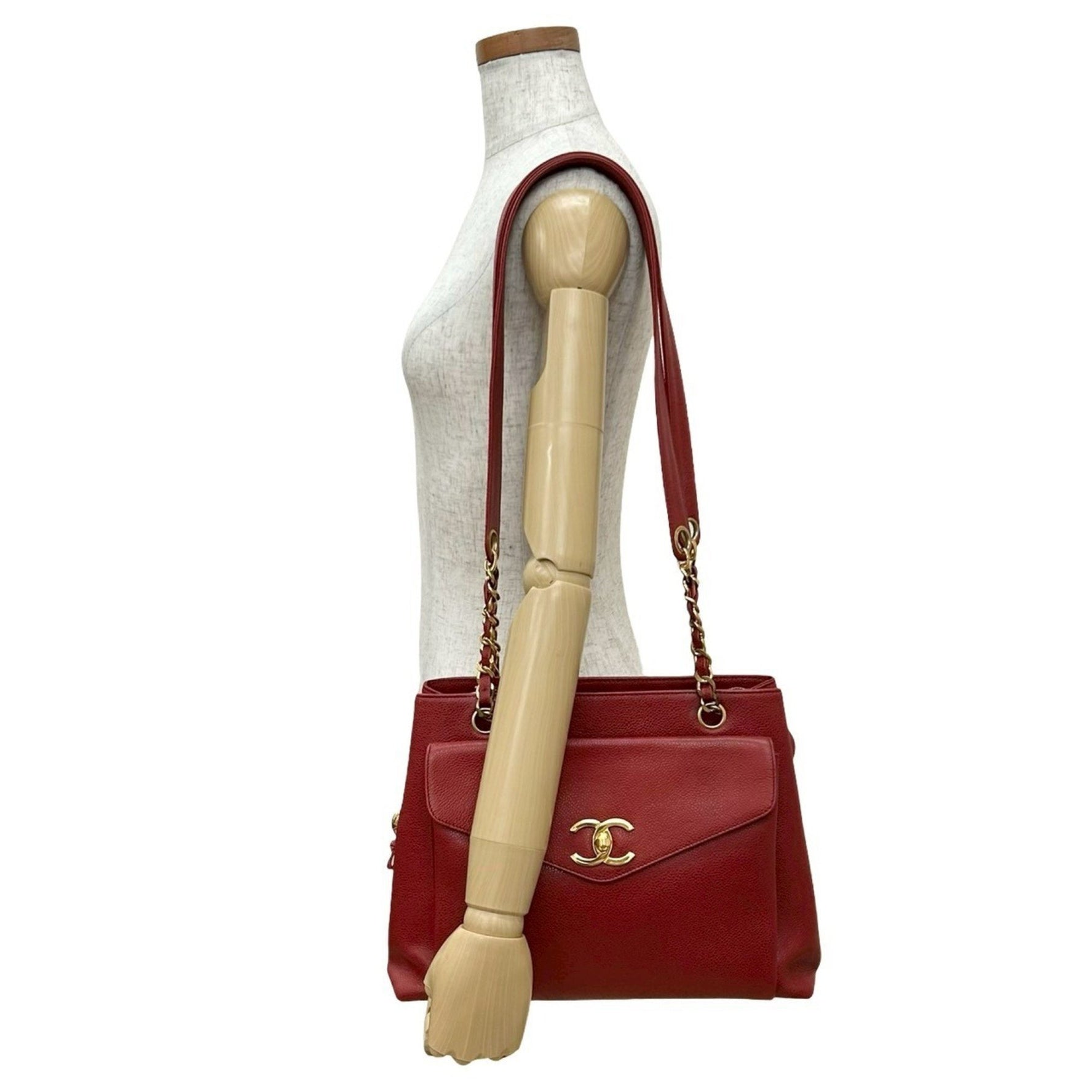 CHANEL Coco Mark Caviar Skin Tote Bag/Semi Shoulder Bag Red
