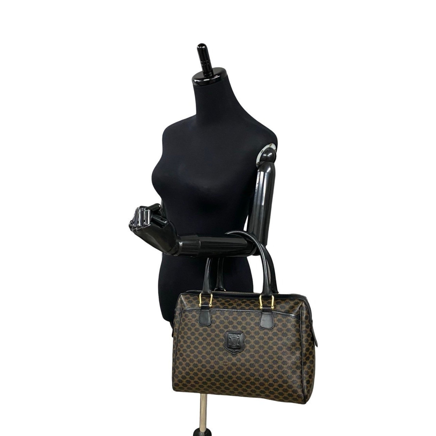 CELINE Vintage Macadam Blason Triomphe Leather Handbag/Mini Boston Bag, Brown, 914-5