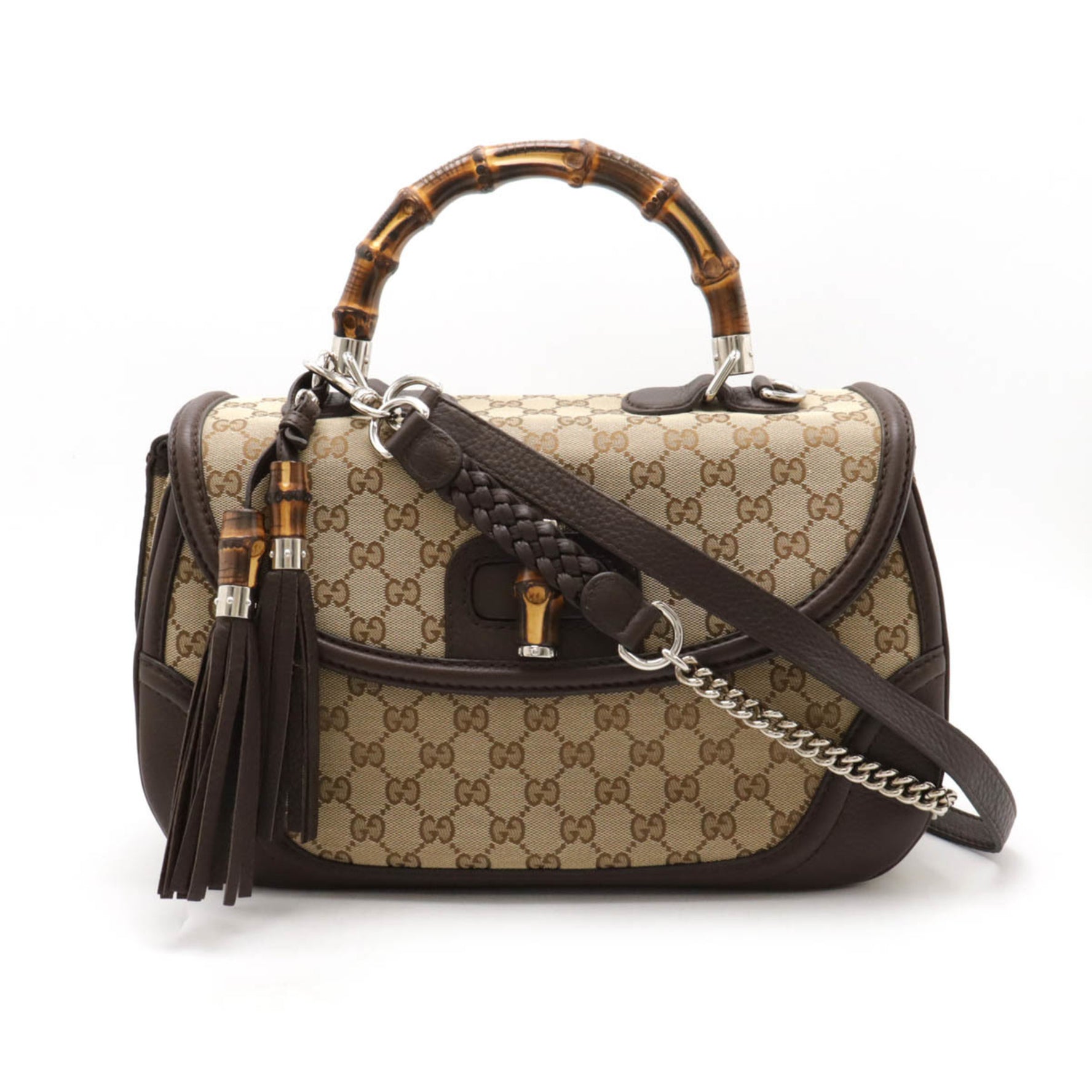 GUCCI GG Canvas Bamboo Tassel Charm Handbag Shoulder Bag Leather Beige Dark Brown