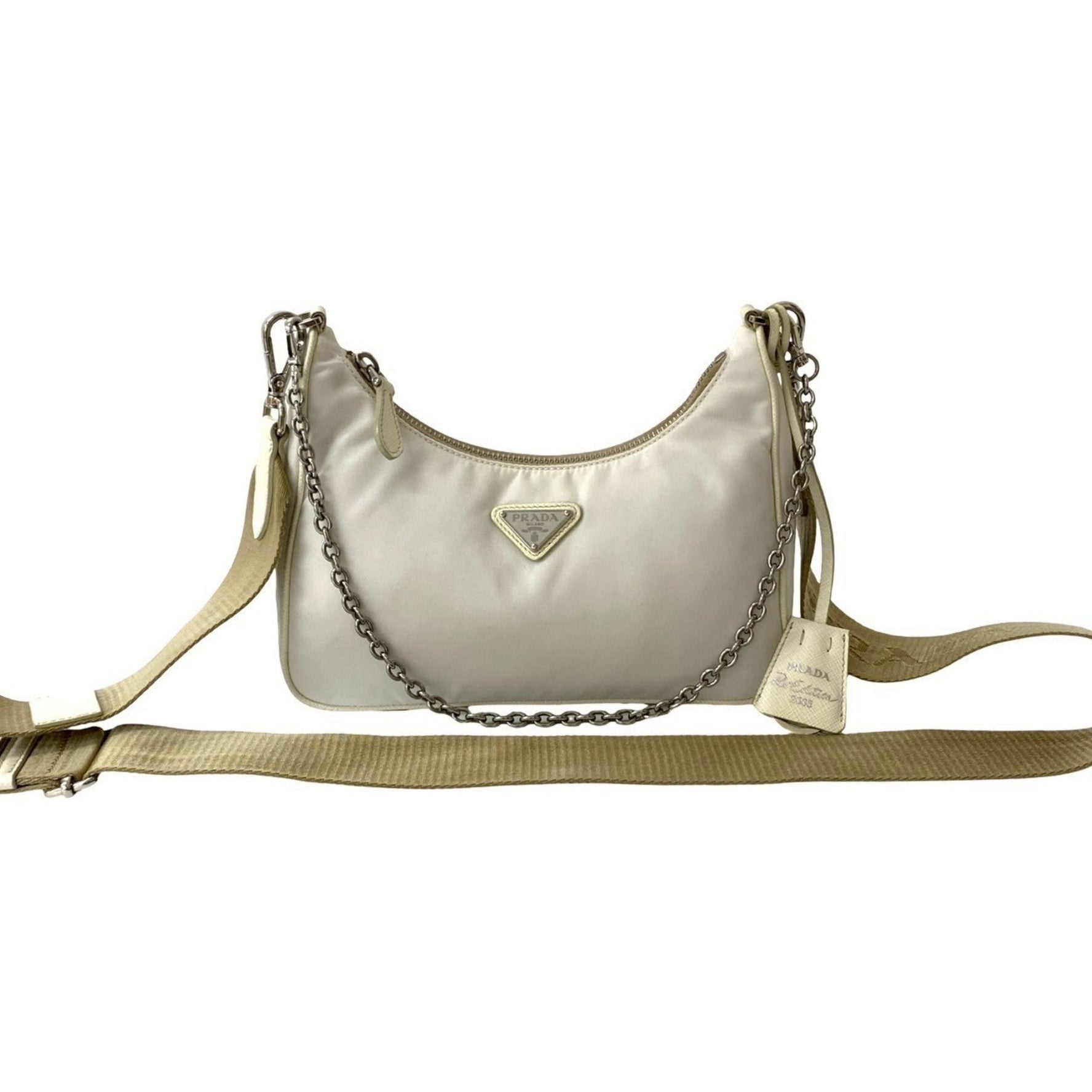 PRADA Re-Edition Triangle Logo Hardware Nylon Saffiano Leather Chain Semi-Shoulder Bag/Pochette