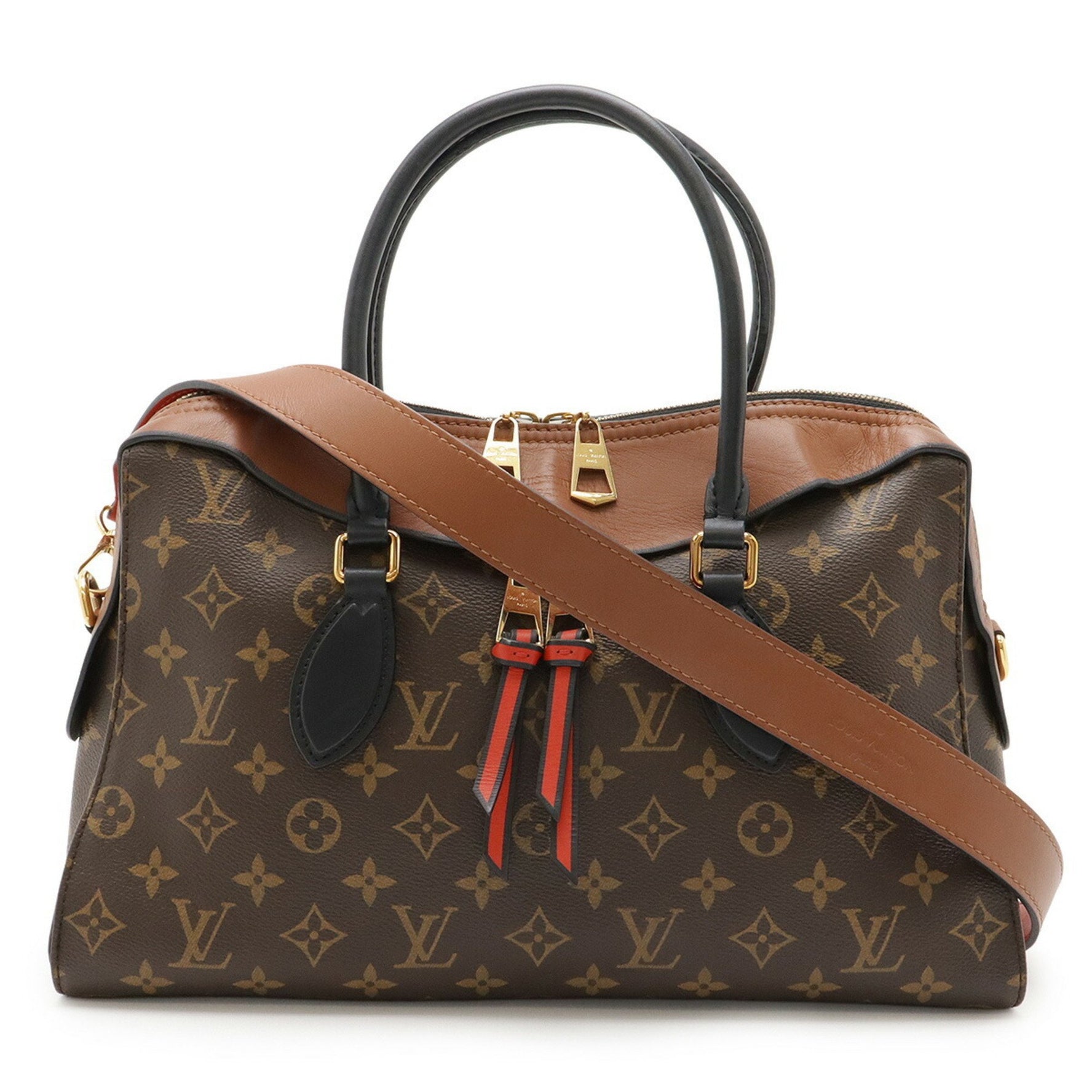 Louis Vuitton Monogram Tuileries Tote Handbag/Shoulder Bag Leather Caramel Black Red