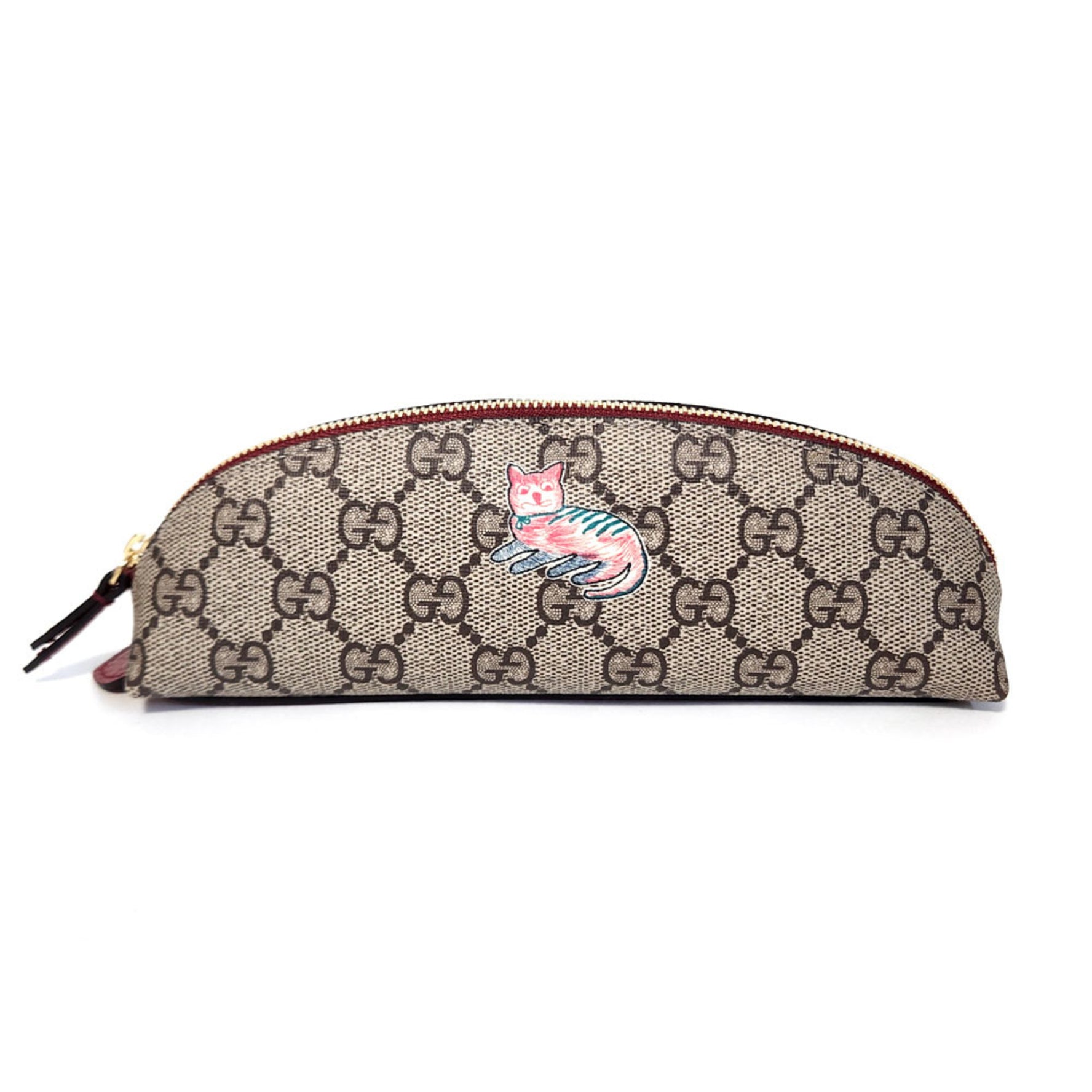 Gucci GG Supreme Pencil Case Beige Red Canvas S Cat