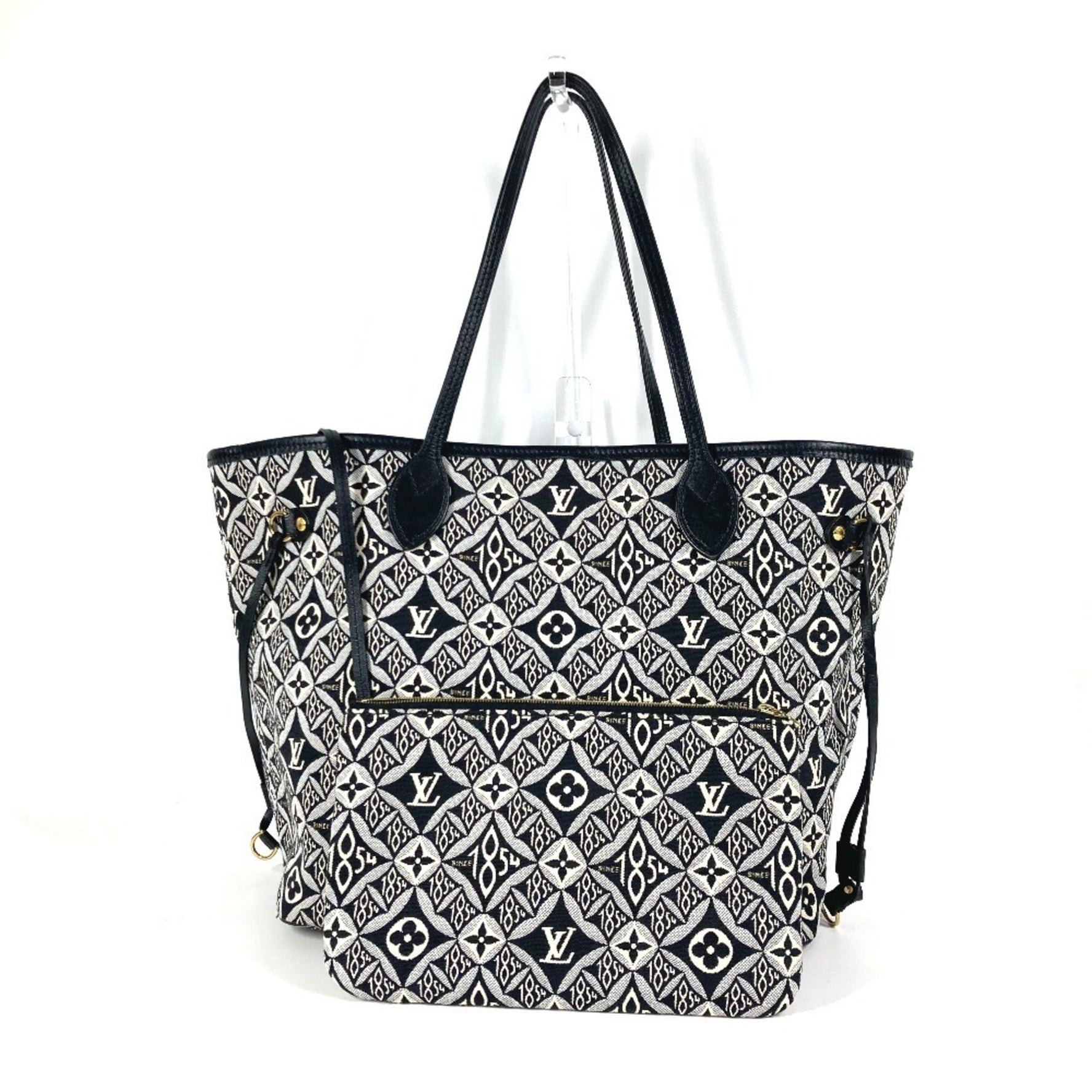 Louis Vuitton Monogram Neverfull MM Tote Bag Shoulder with Pouch Jacquard Leather Black