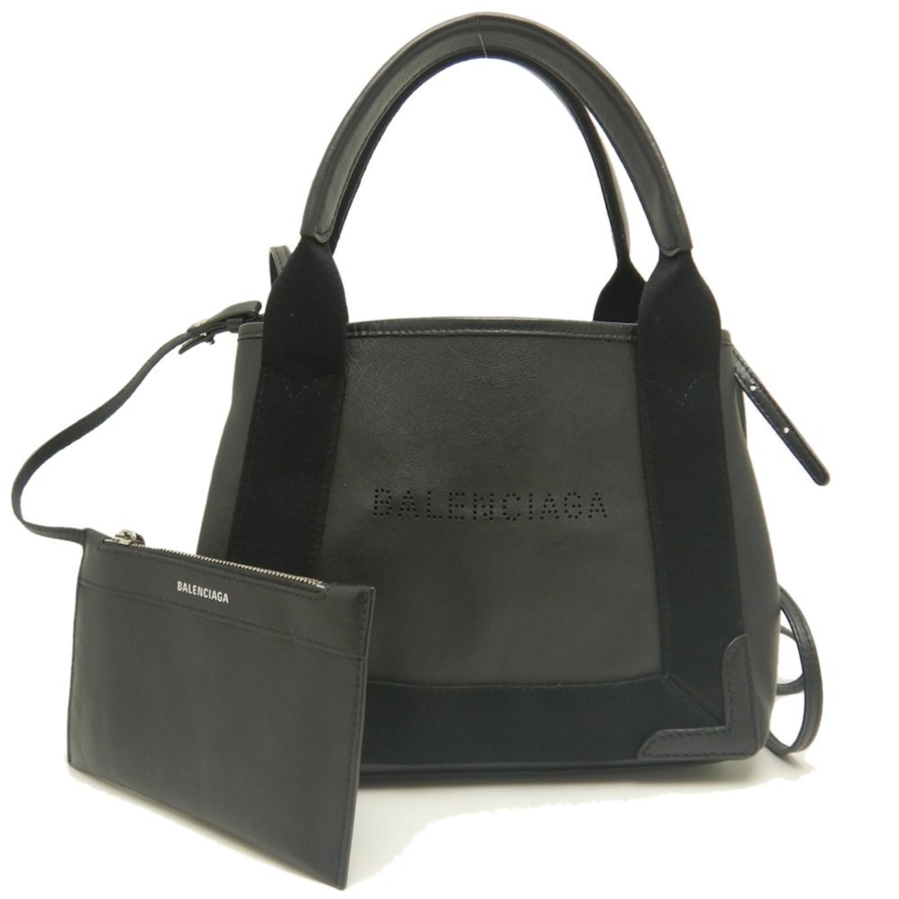 BALENCIAGA Cabas XS Handbag in Leather and Canvas, Black, Women's,