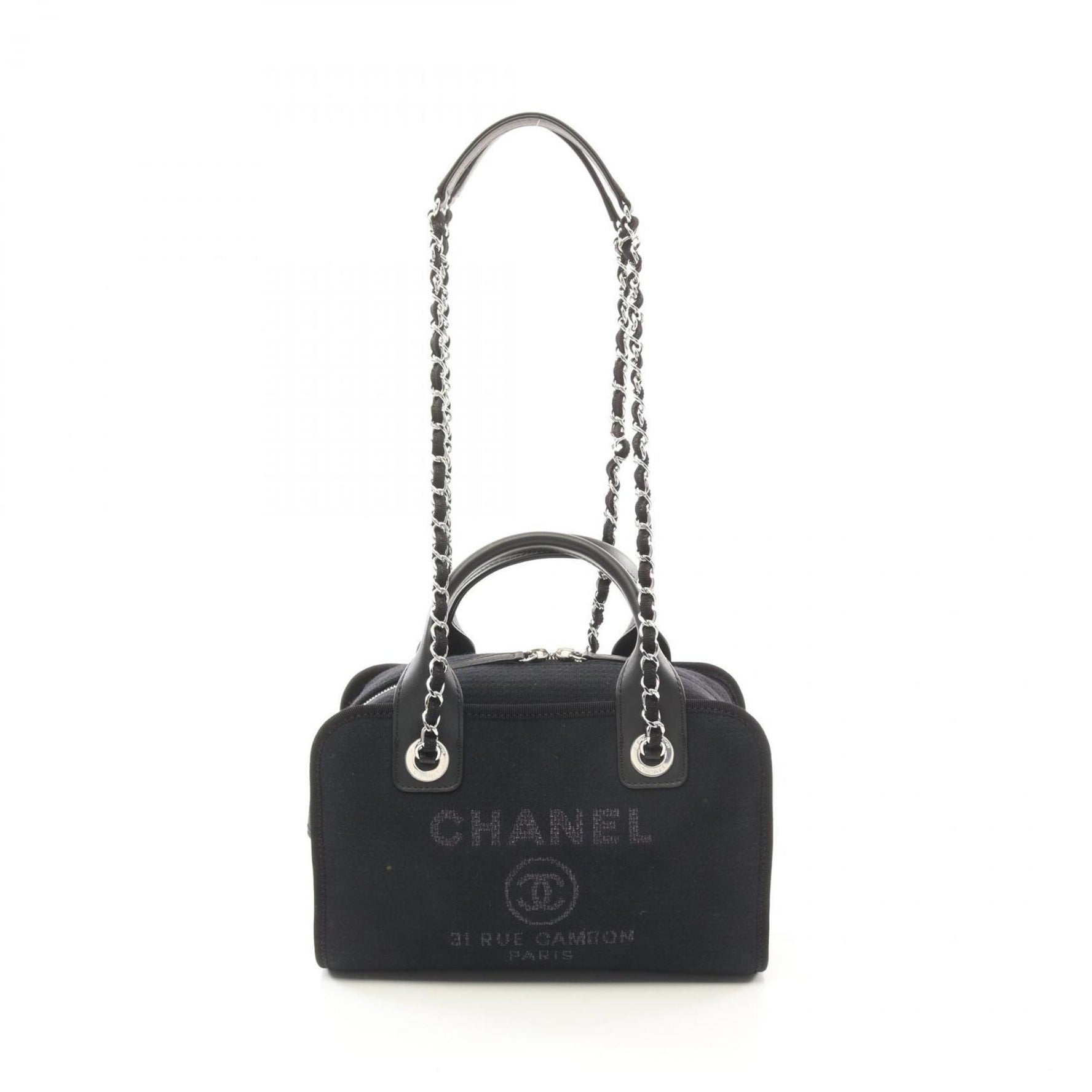 CHANEL Deauville Bowling Bag Shoulder Canvas Leather