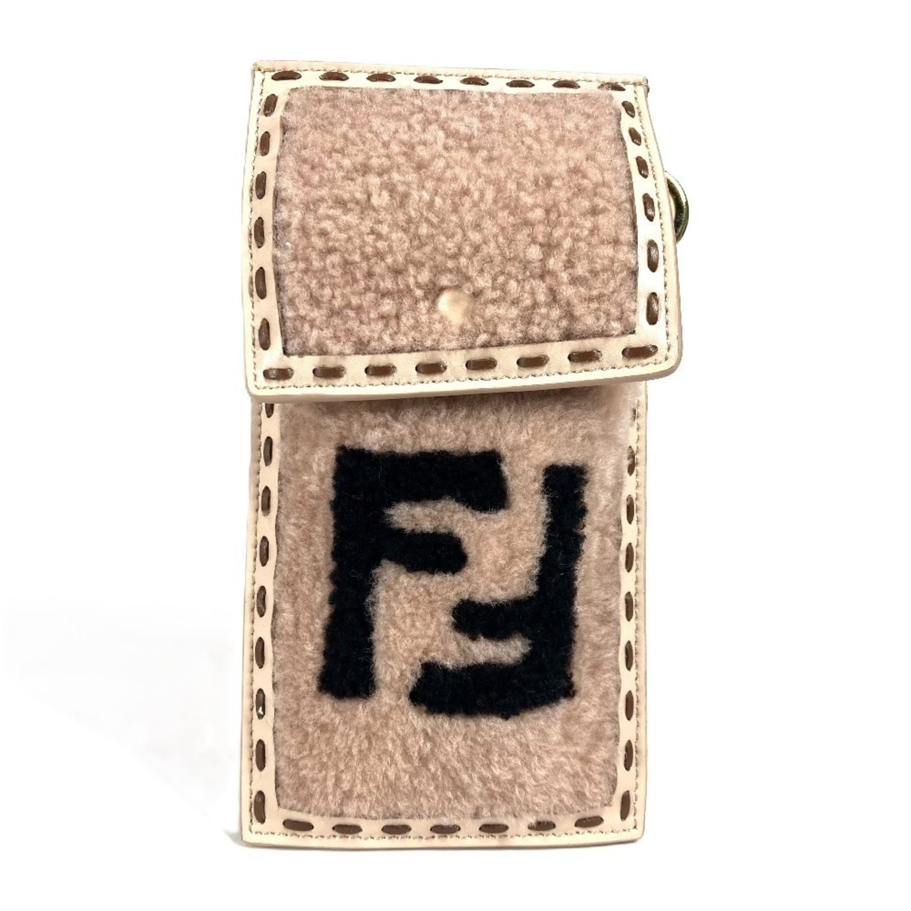 FENDI Smartphone Case Phone Pouch Bag FF Logo Fur Charm Leather Women's Beige