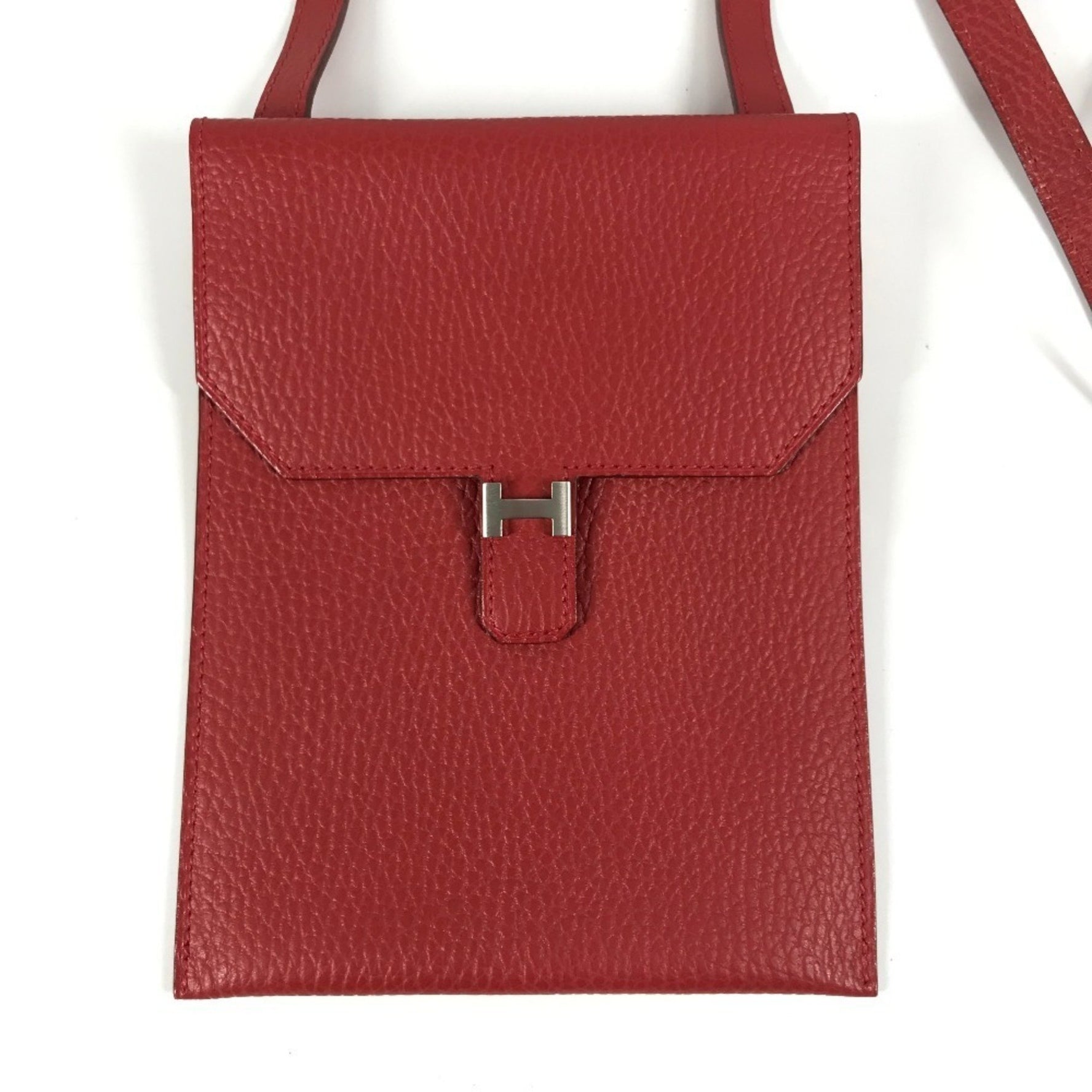 HERMES H Logo Amélie Pochette Shoulder Bag with Flap, Leather, Red
