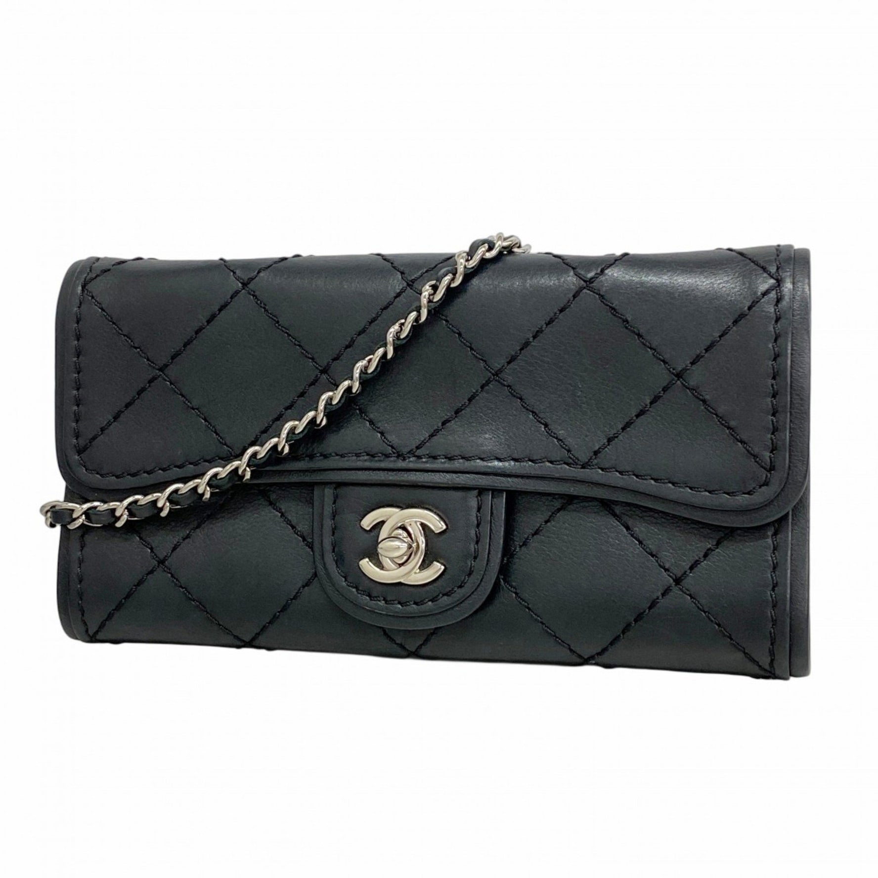 Chanel Shoulder Bag Wild Stitch Chain Leather Black Women's