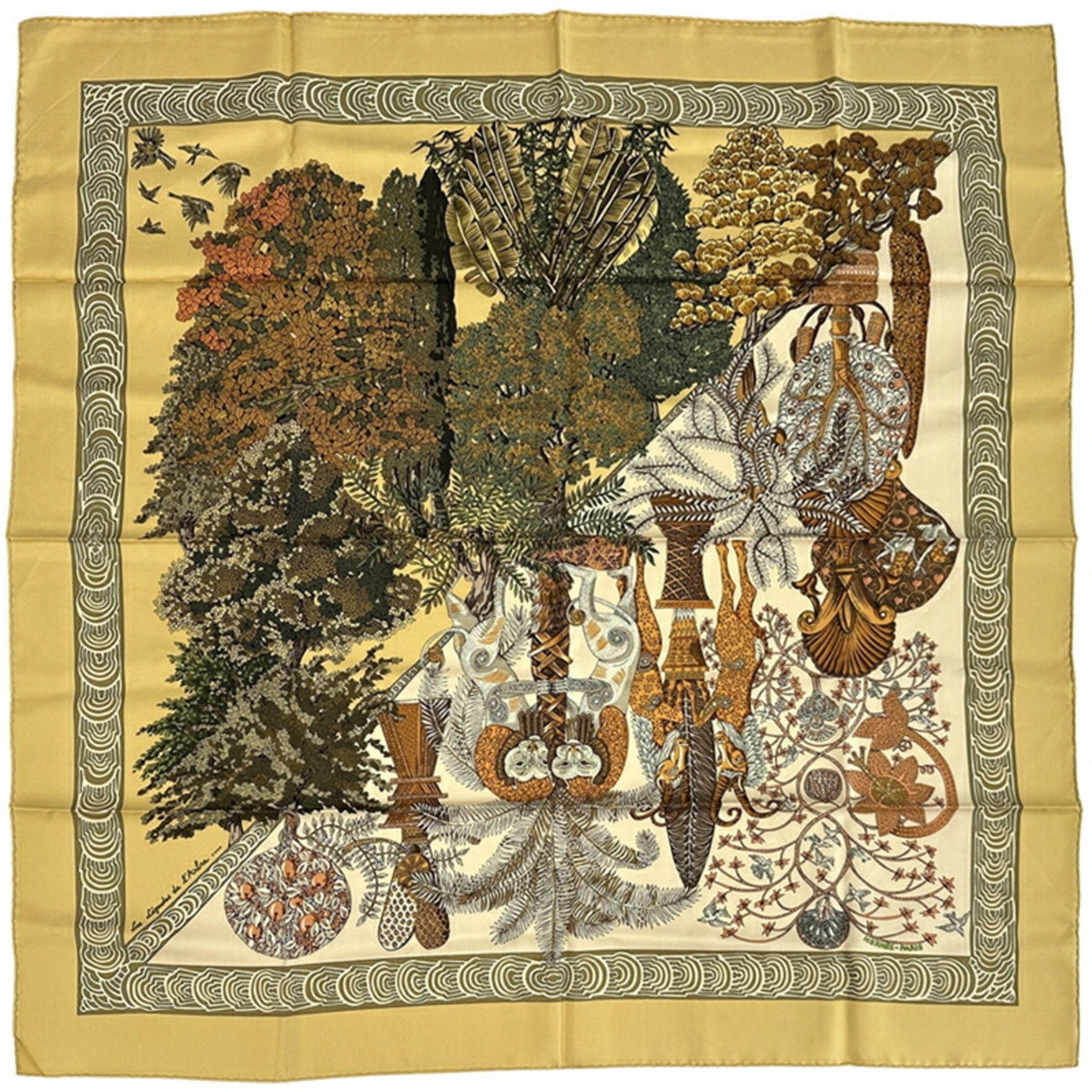 Hermes Hermès Carré 90 Scarf "Les Legendes de L'Arbre" (The Legends of Trees) Women's Silk Beige Multicolor Yellow Animal Plant Design