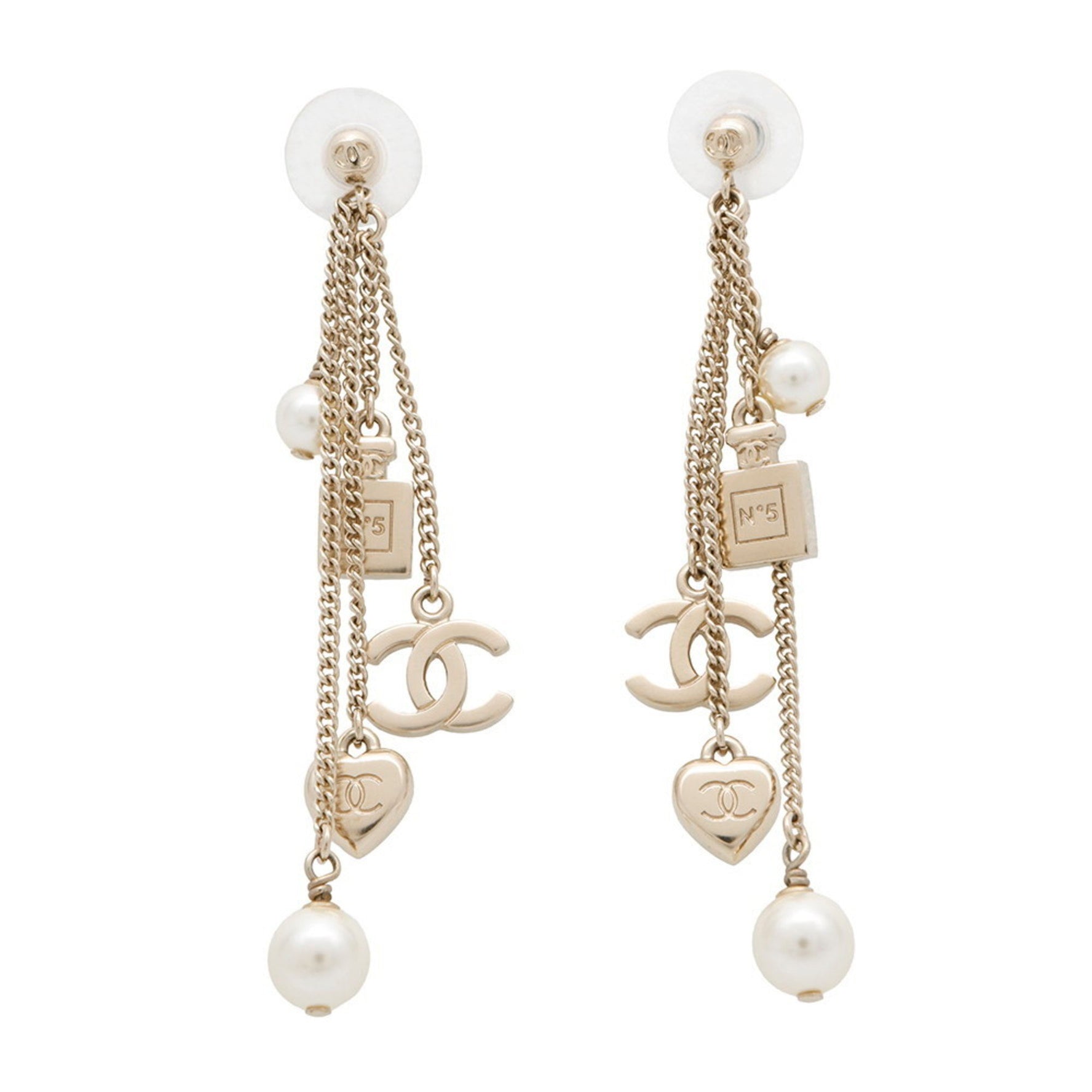 CHANEL Coco Mark Swing Perfume Bottle Heart Faux Pearl Metal Earrings