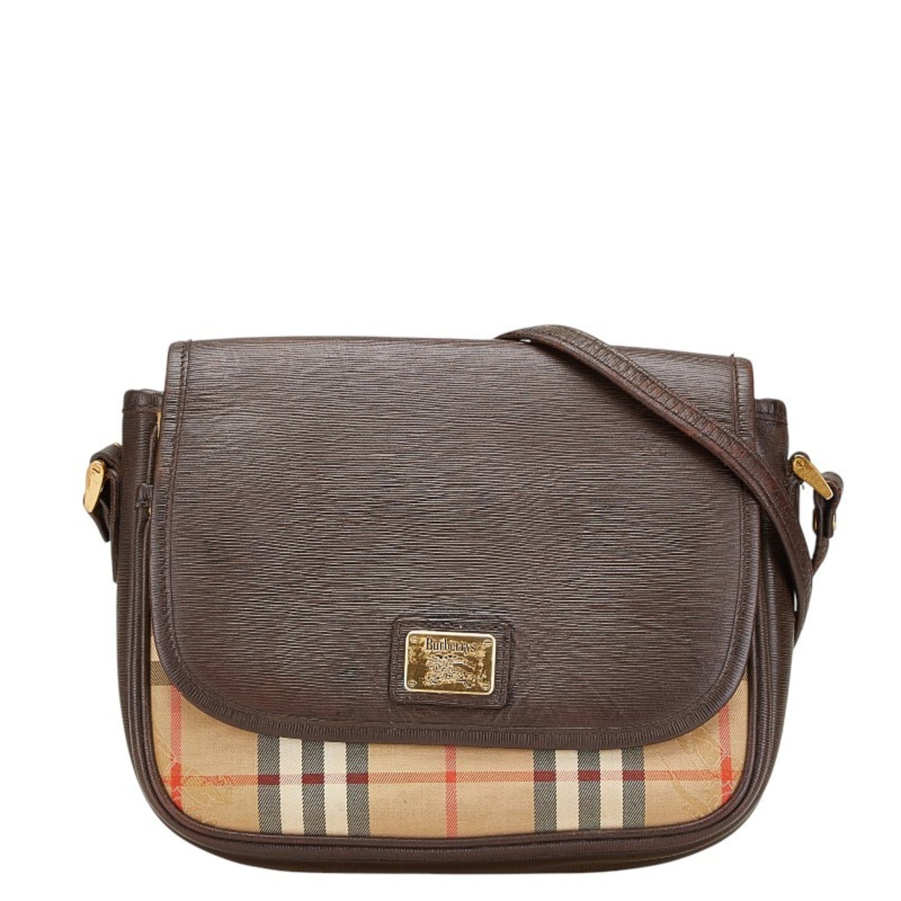 Burberry Nova Check Shadow Horse Shoulder Bag in Beige and Brown Canvas Leather.