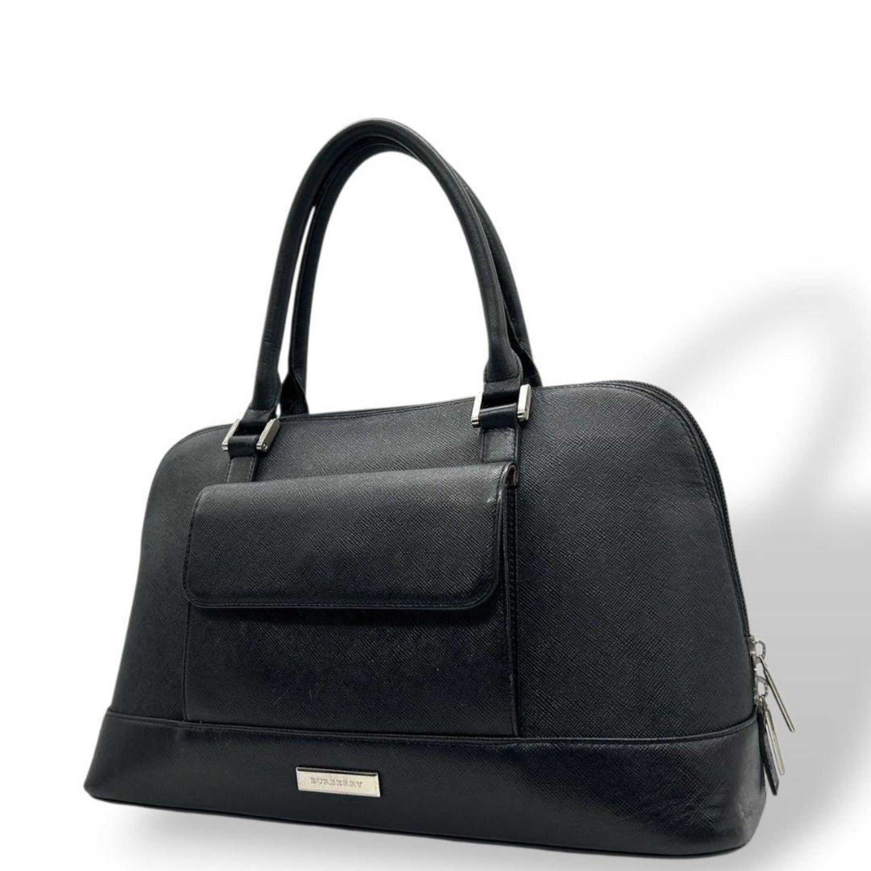 Burberry handbag, logo plate, flap C tote bag, silver hardware.