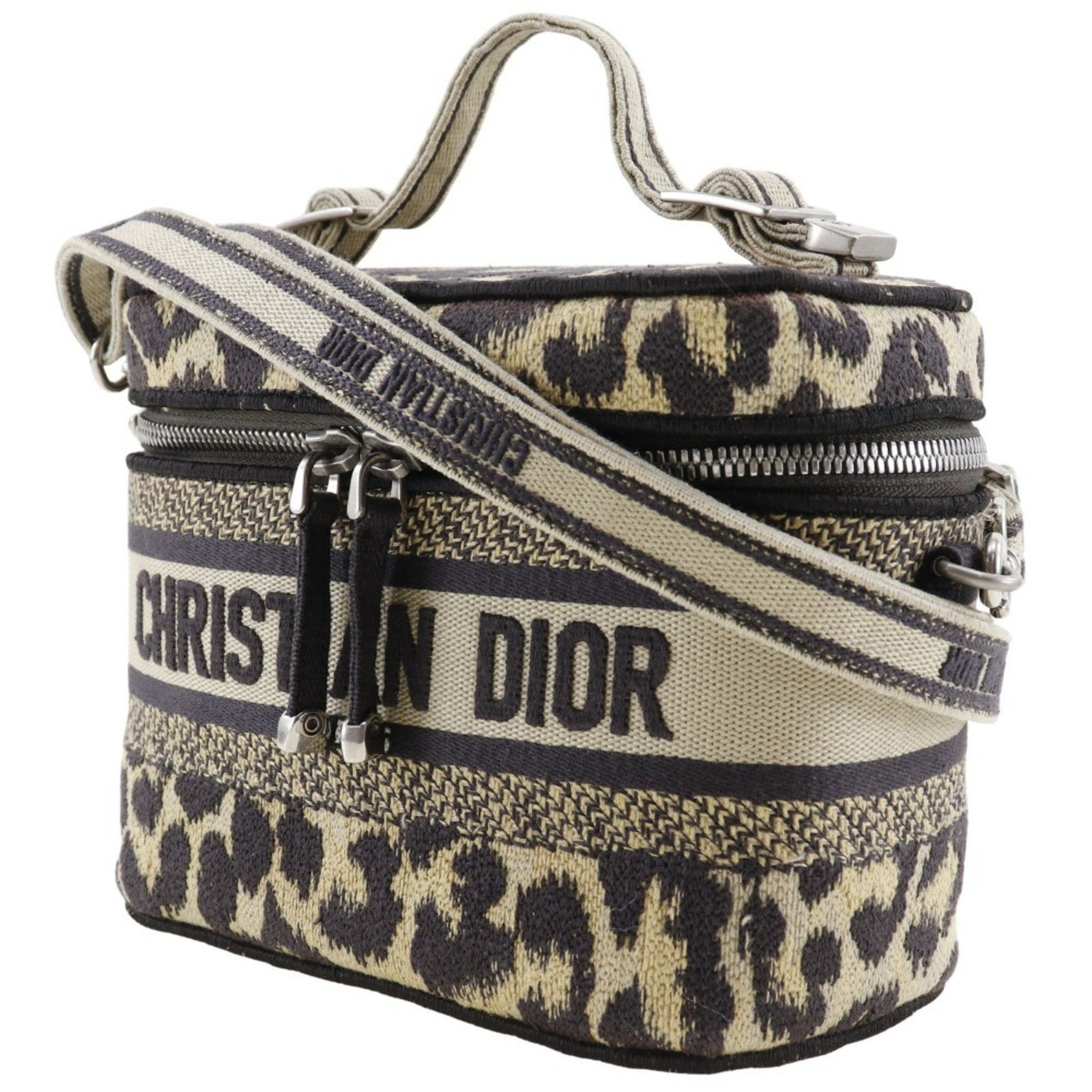 Christian Dior Vanity Handbag Shoulder Leopard Canvas Double