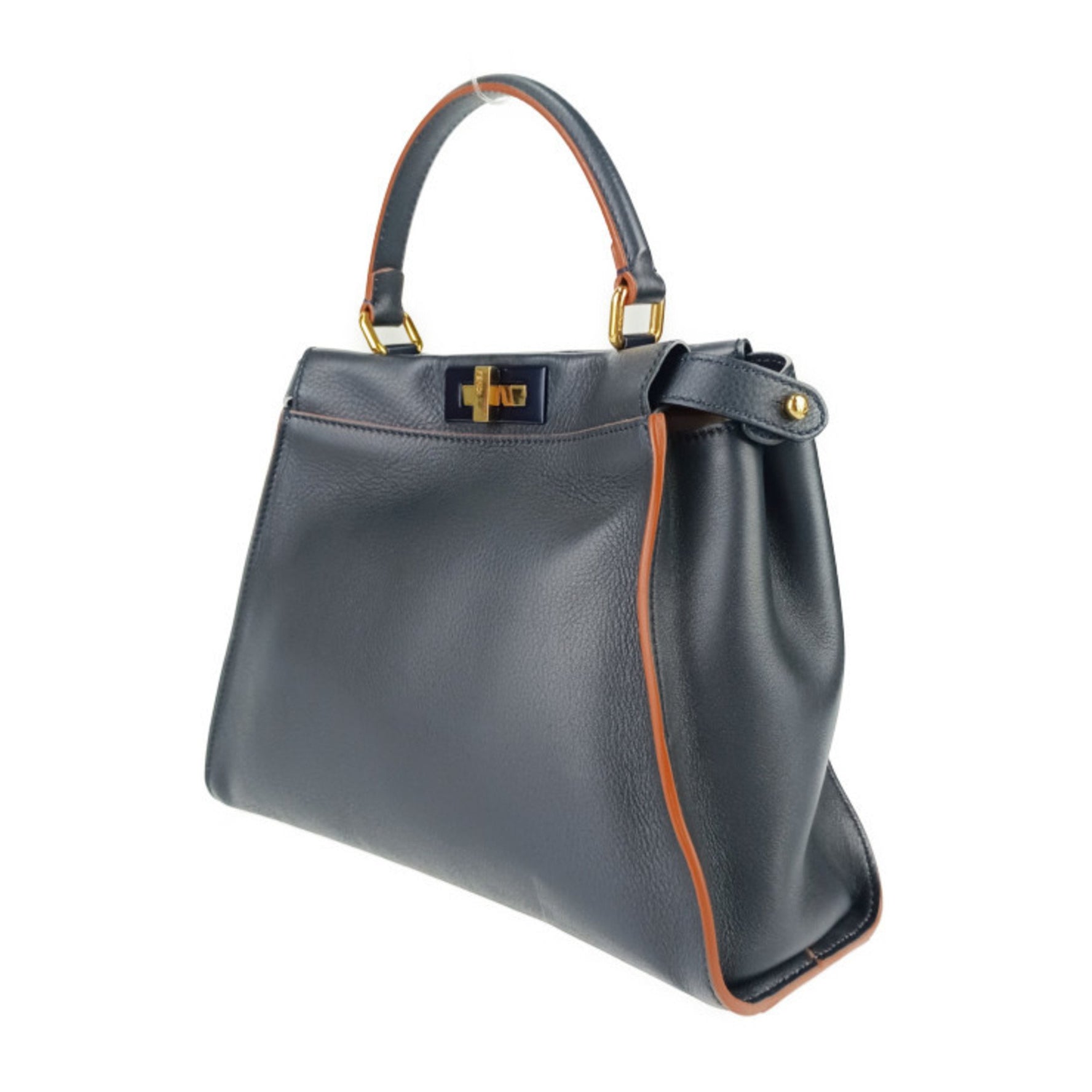 FENDI Peekaboo Regular Selleria Handbag Navy Orange Leather