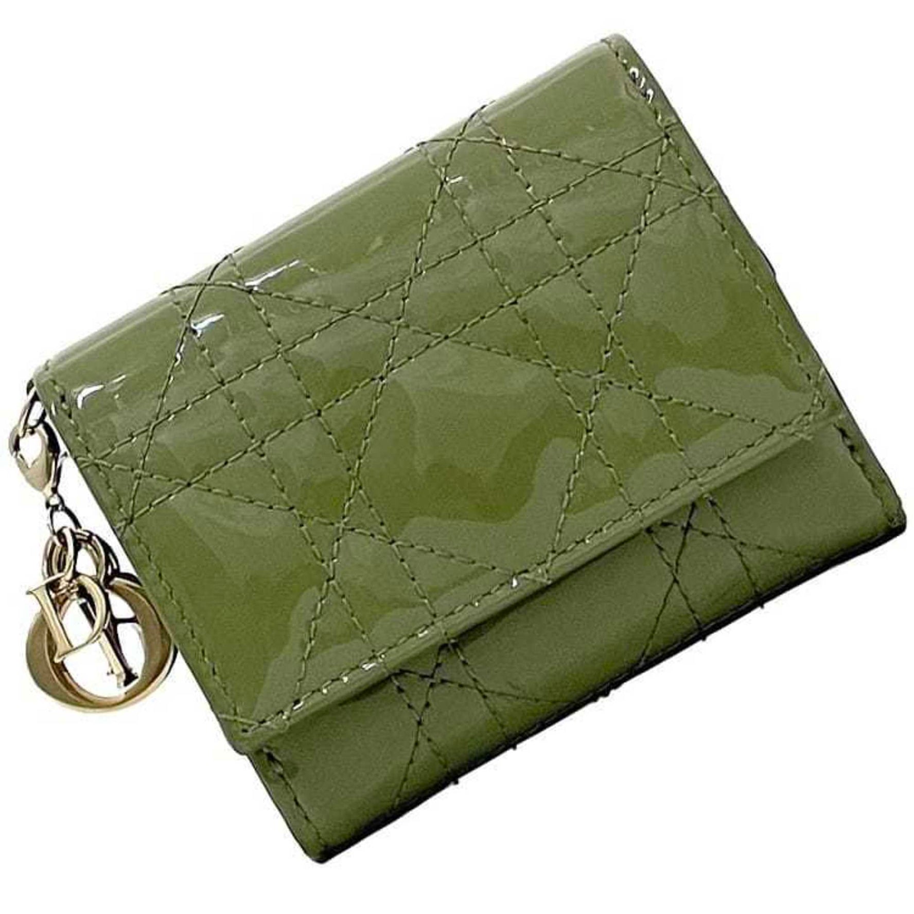 Christian Dior Tri-fold Wallet ec-23127 Khaki Green Lady Cannage Patent Leather 43-MA-1129 Stitch Folding Charm Compact Metal Fittings