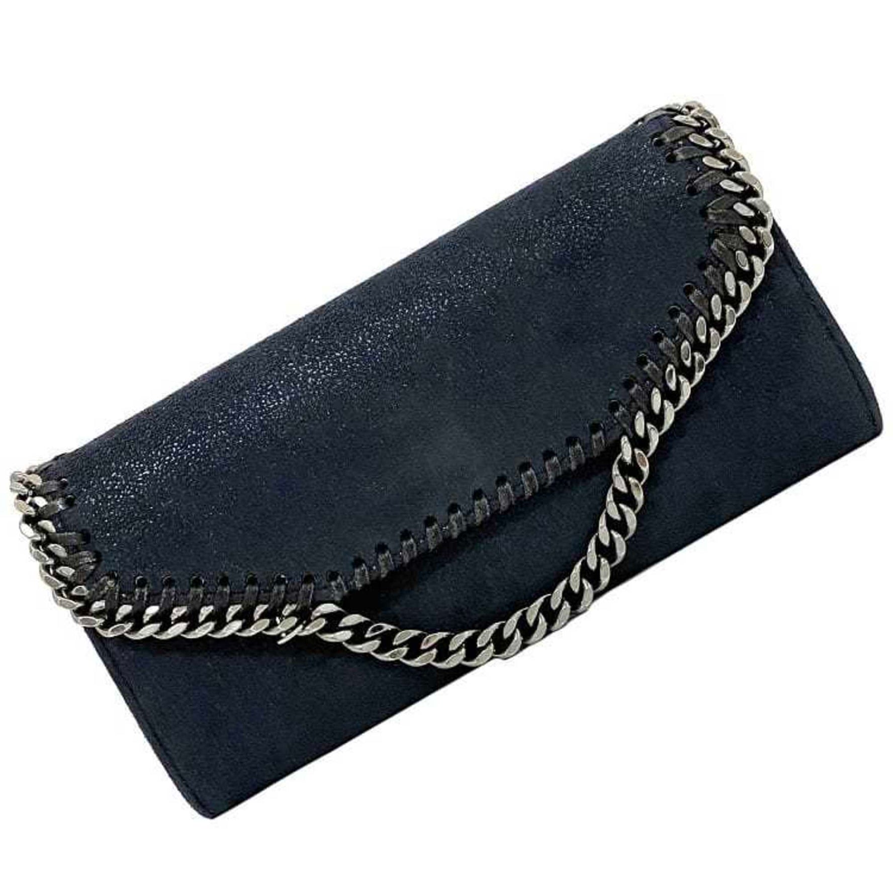 Stella McCartney Bifold Long Wallet Navy Silver Falabella Polyester Metal STELLA McCARTNEY Chain Triangle Blue