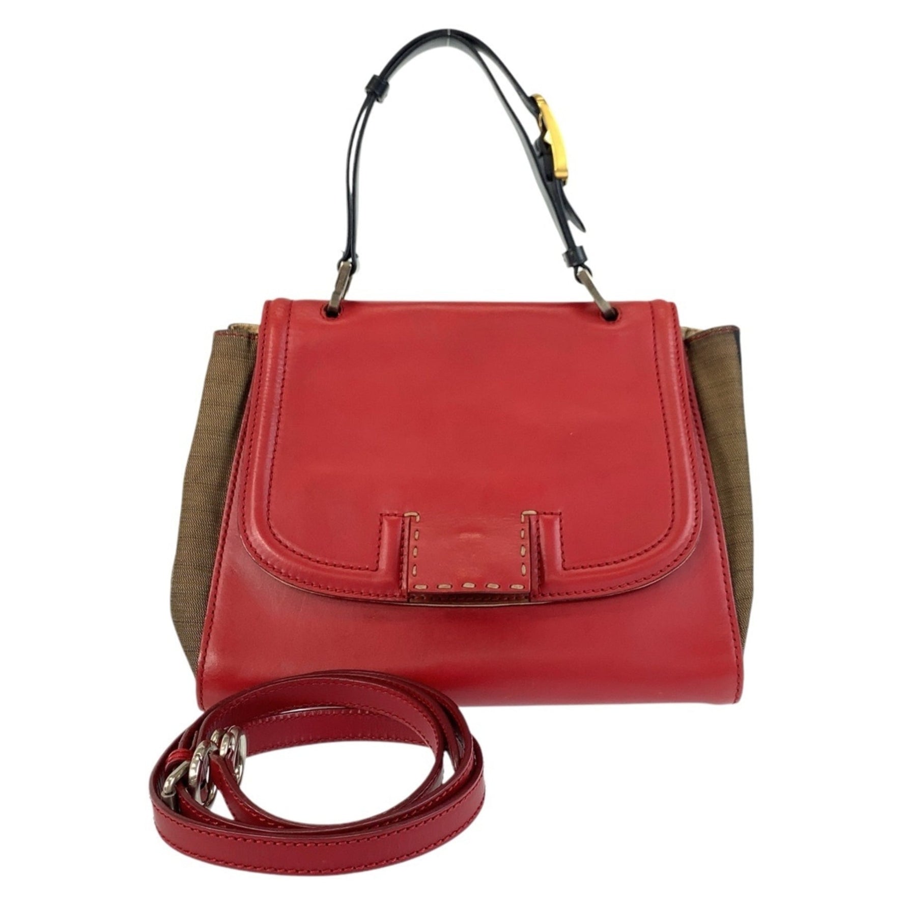 FENDI Pecan Silvana Red Brown Leather Canvas Handbag/Shoulder Bag
